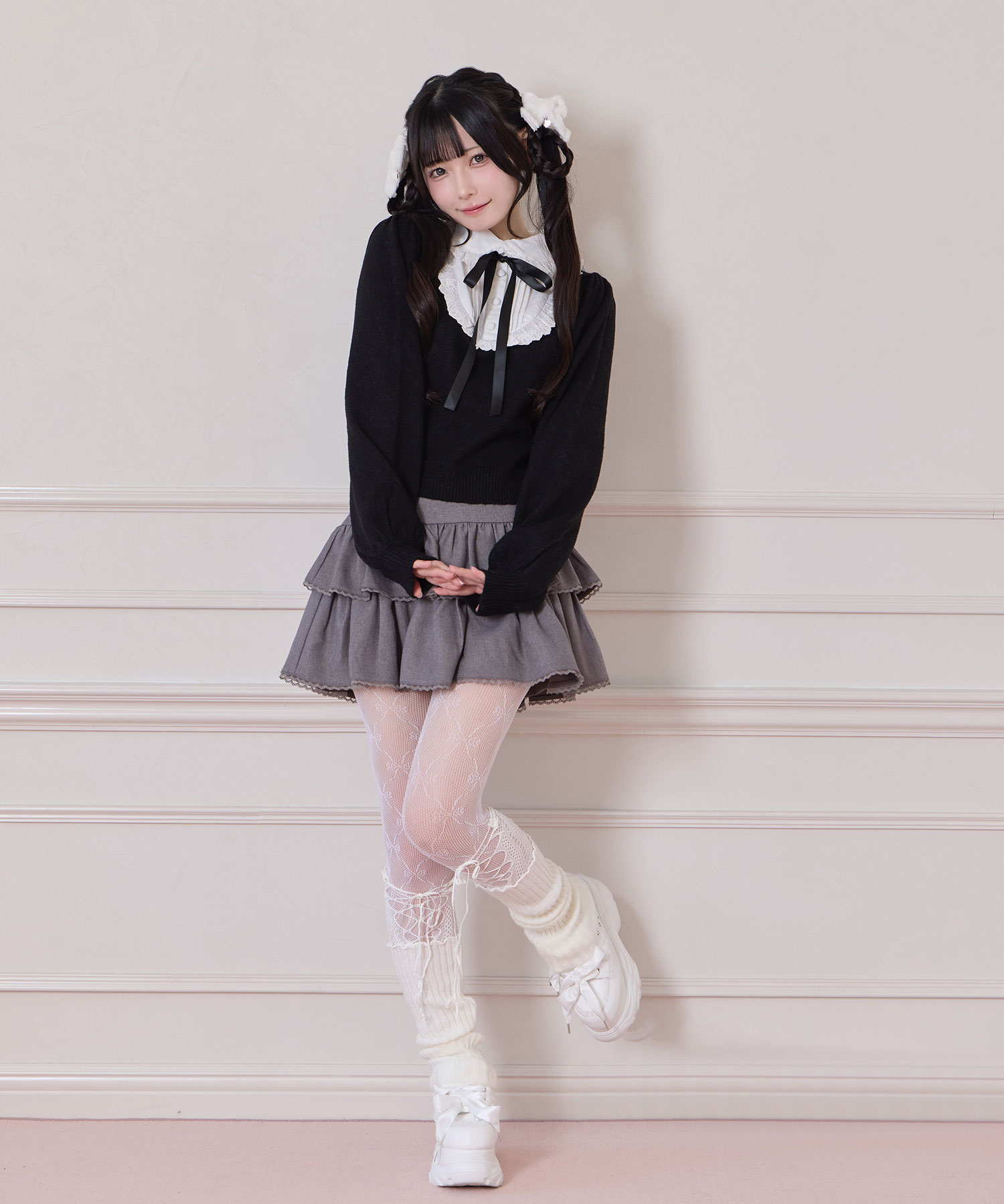 ヨーク切替コットンレースニットトップス