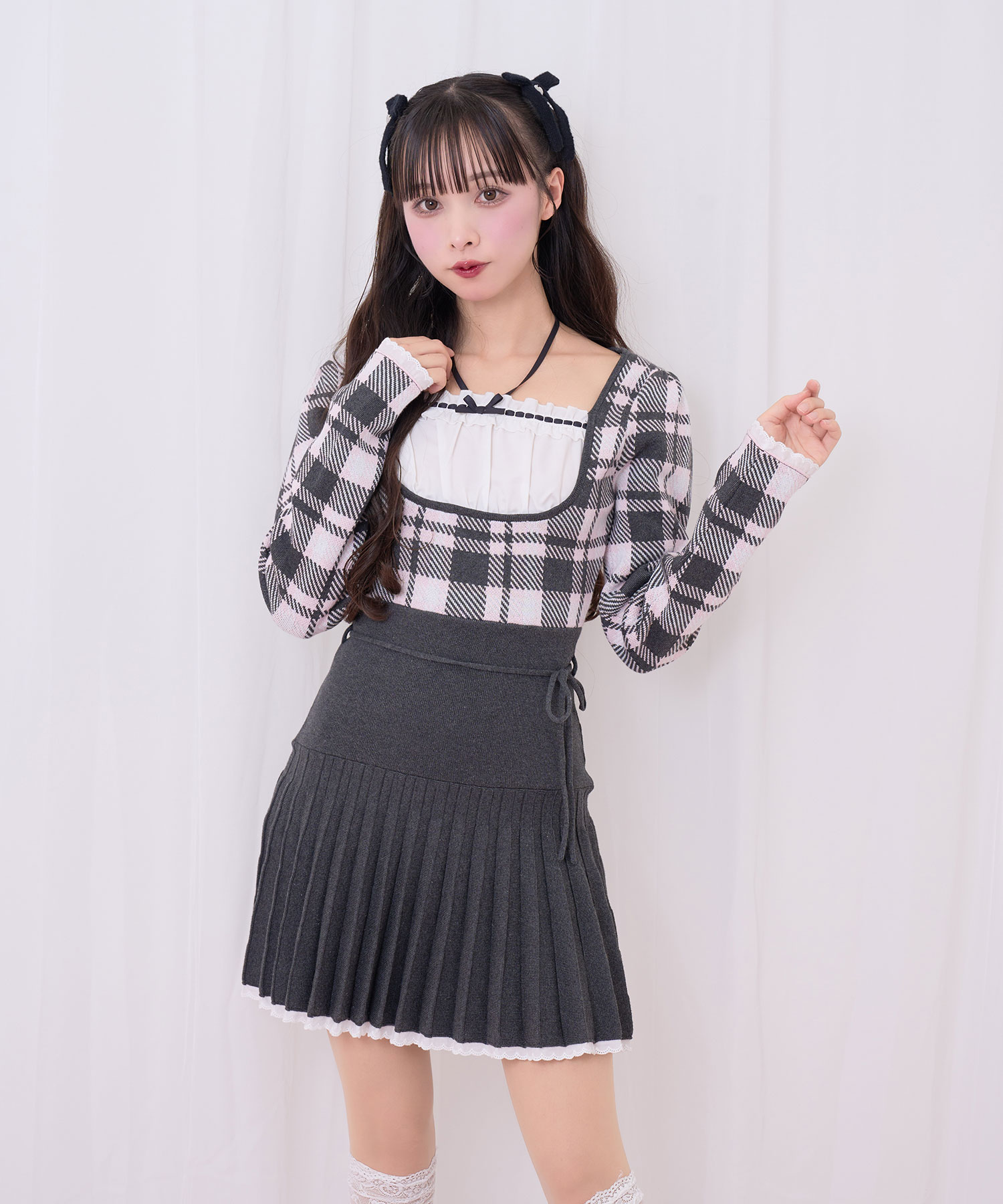 チェックジャガードプリーツニットワンピース