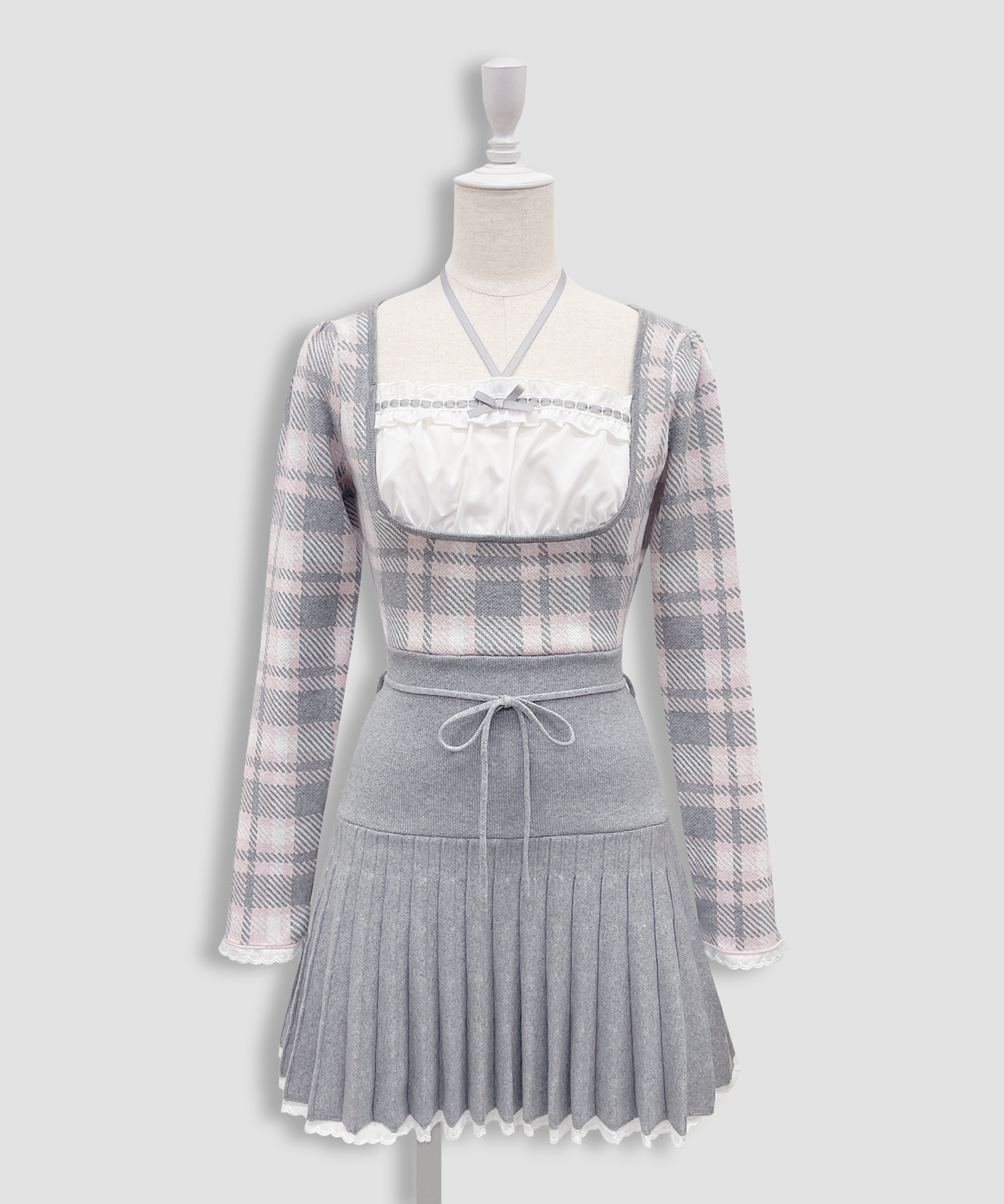 チェックジャガードプリーツニットワンピース