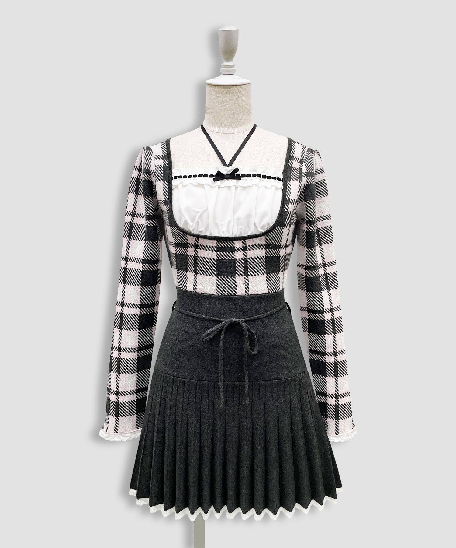 チェックジャガードプリーツニットワンピース