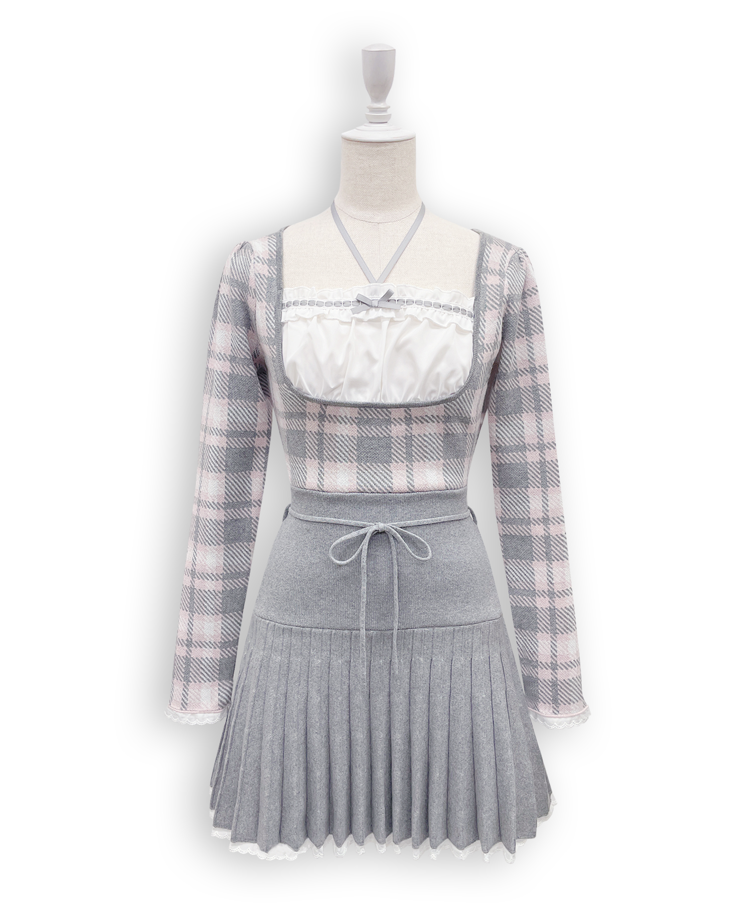 チェックジャガードプリーツニットワンピース