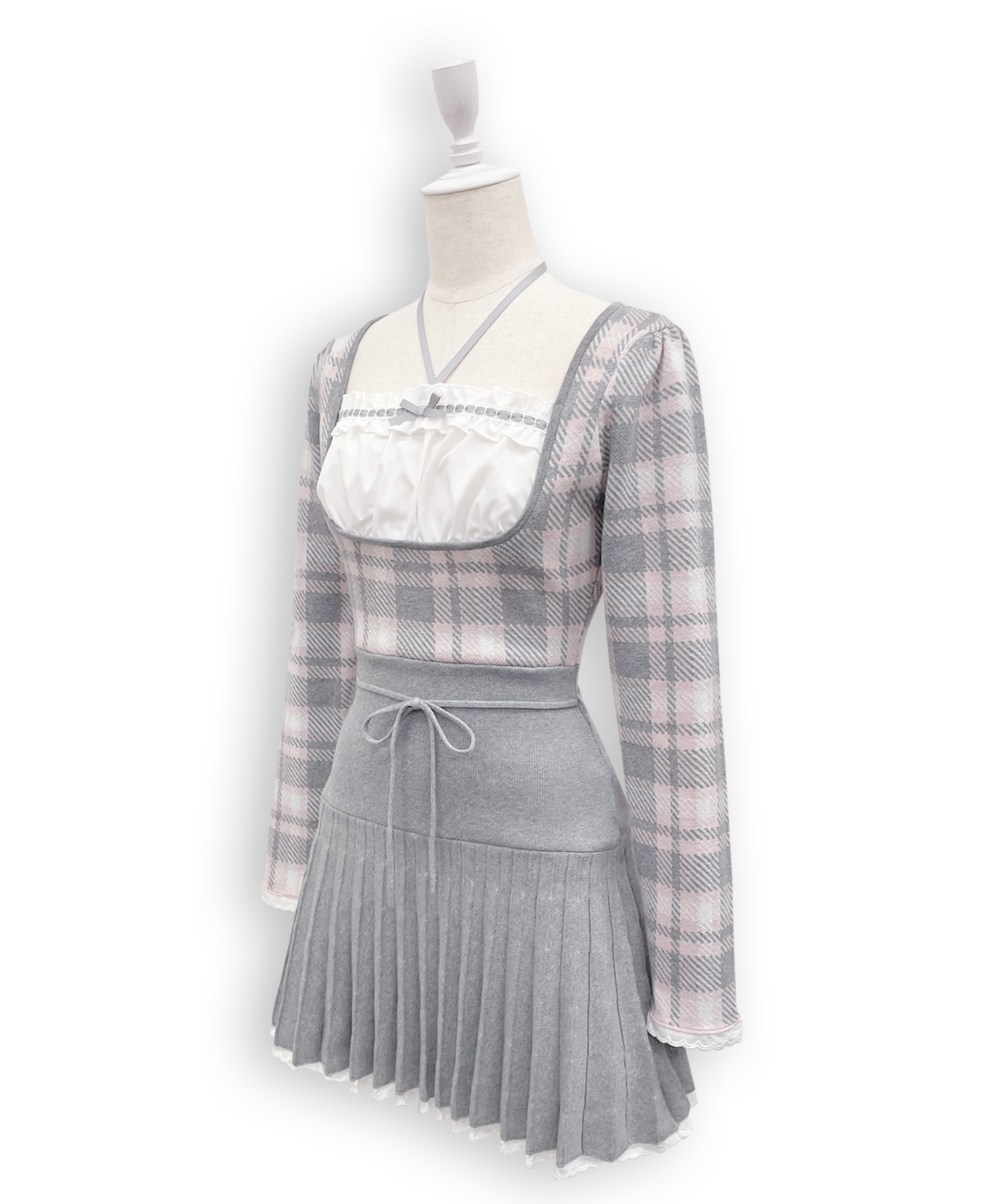 チェックジャガードプリーツニットワンピース