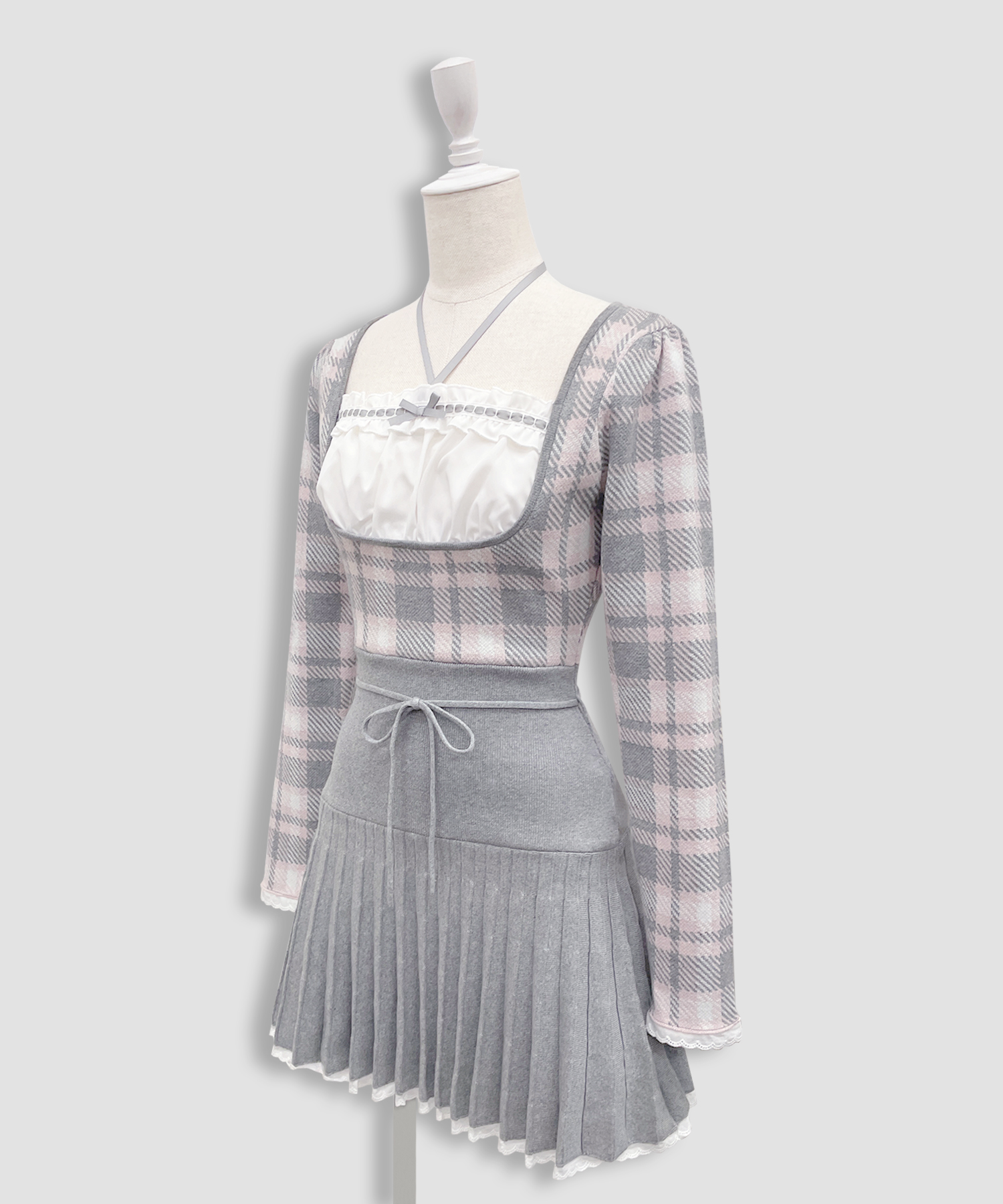 チェックジャガードプリーツニットワンピース