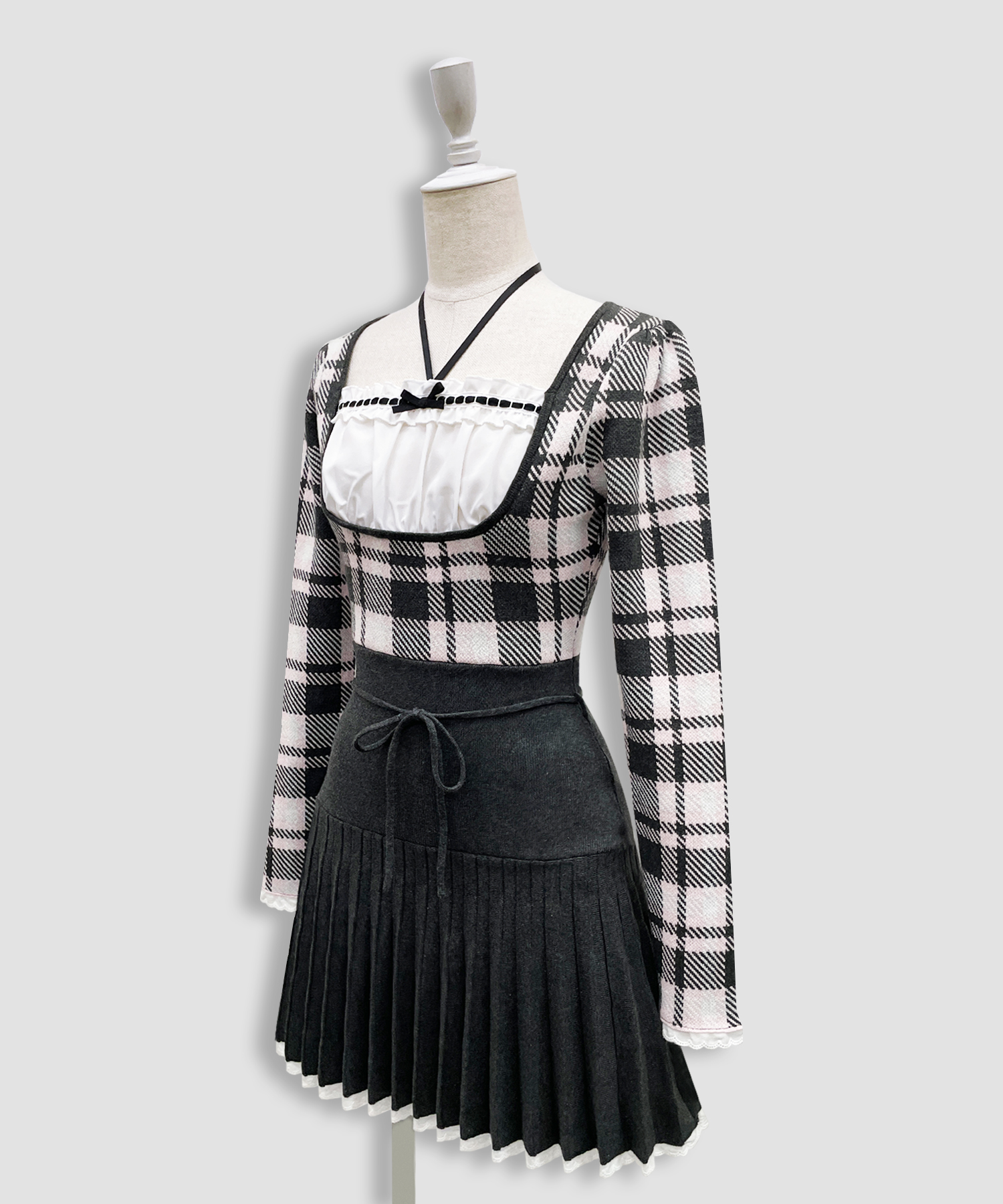 チェックジャガードプリーツニットワンピース