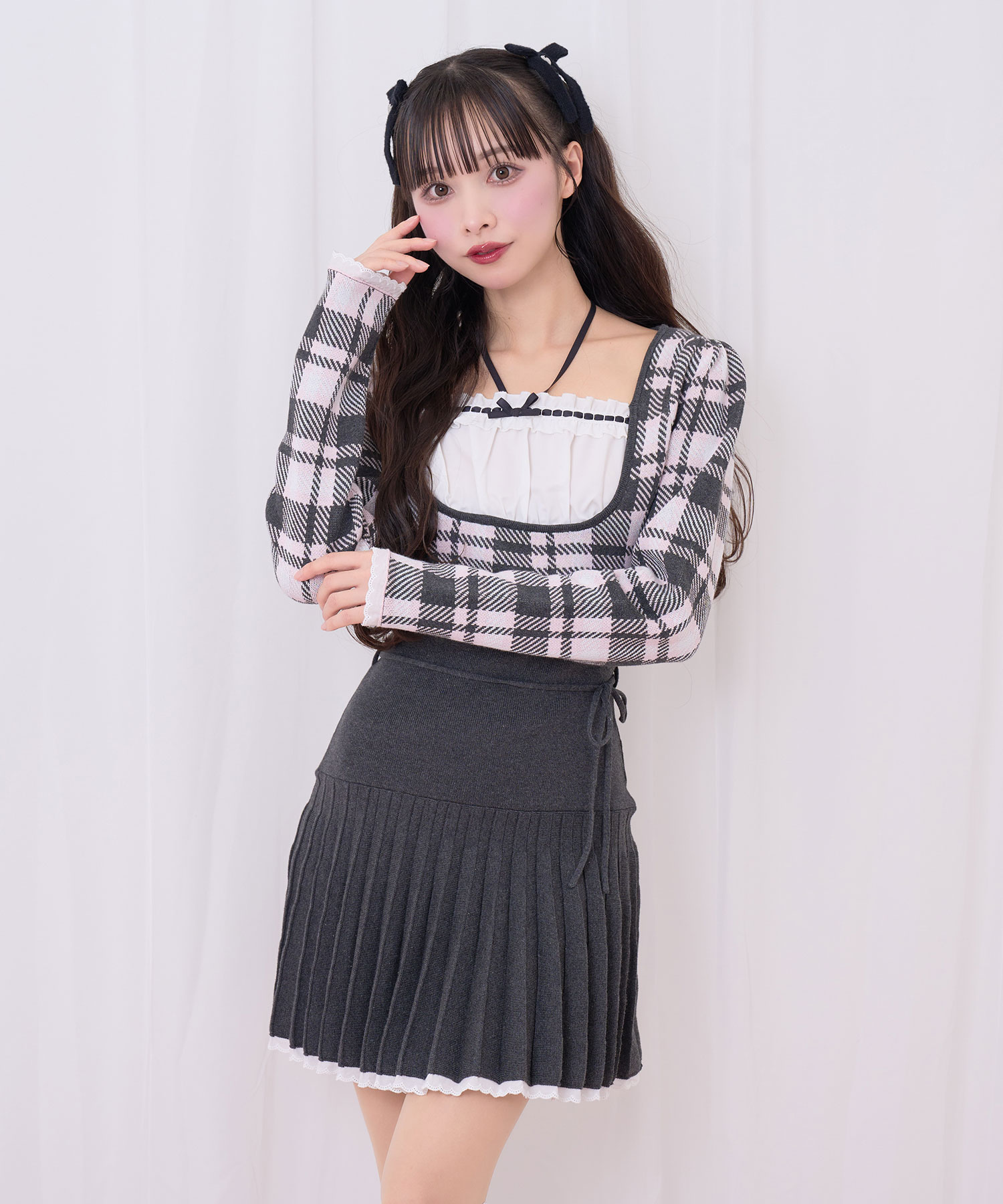 チェックジャガードプリーツニットワンピース