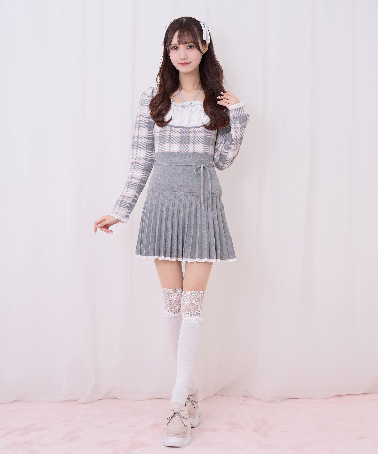 チェックジャガードプリーツニットワンピース