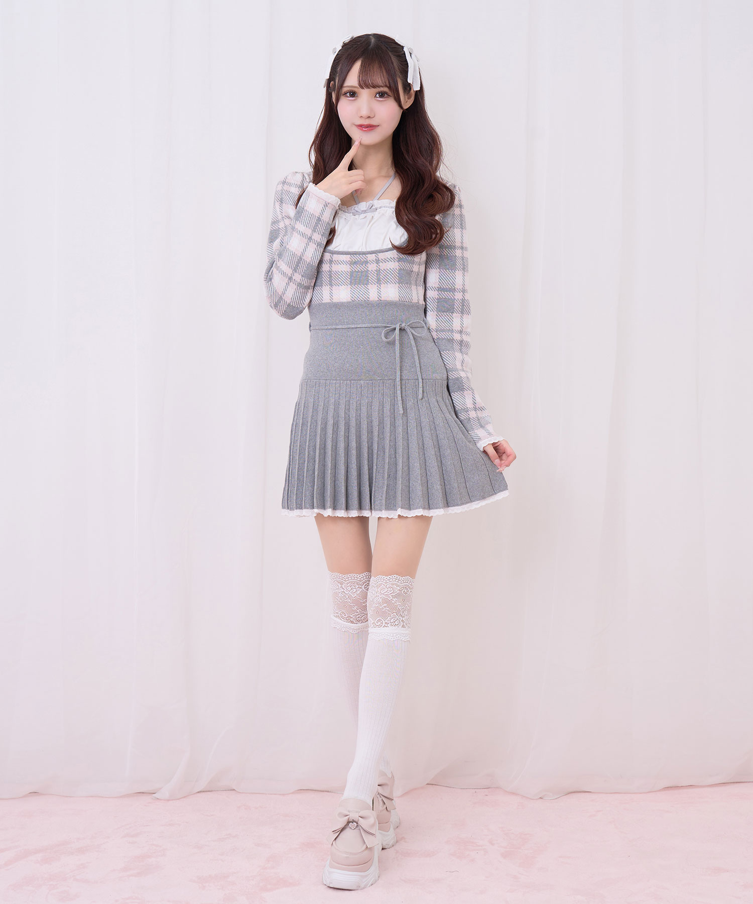 チェックジャガードプリーツニットワンピース