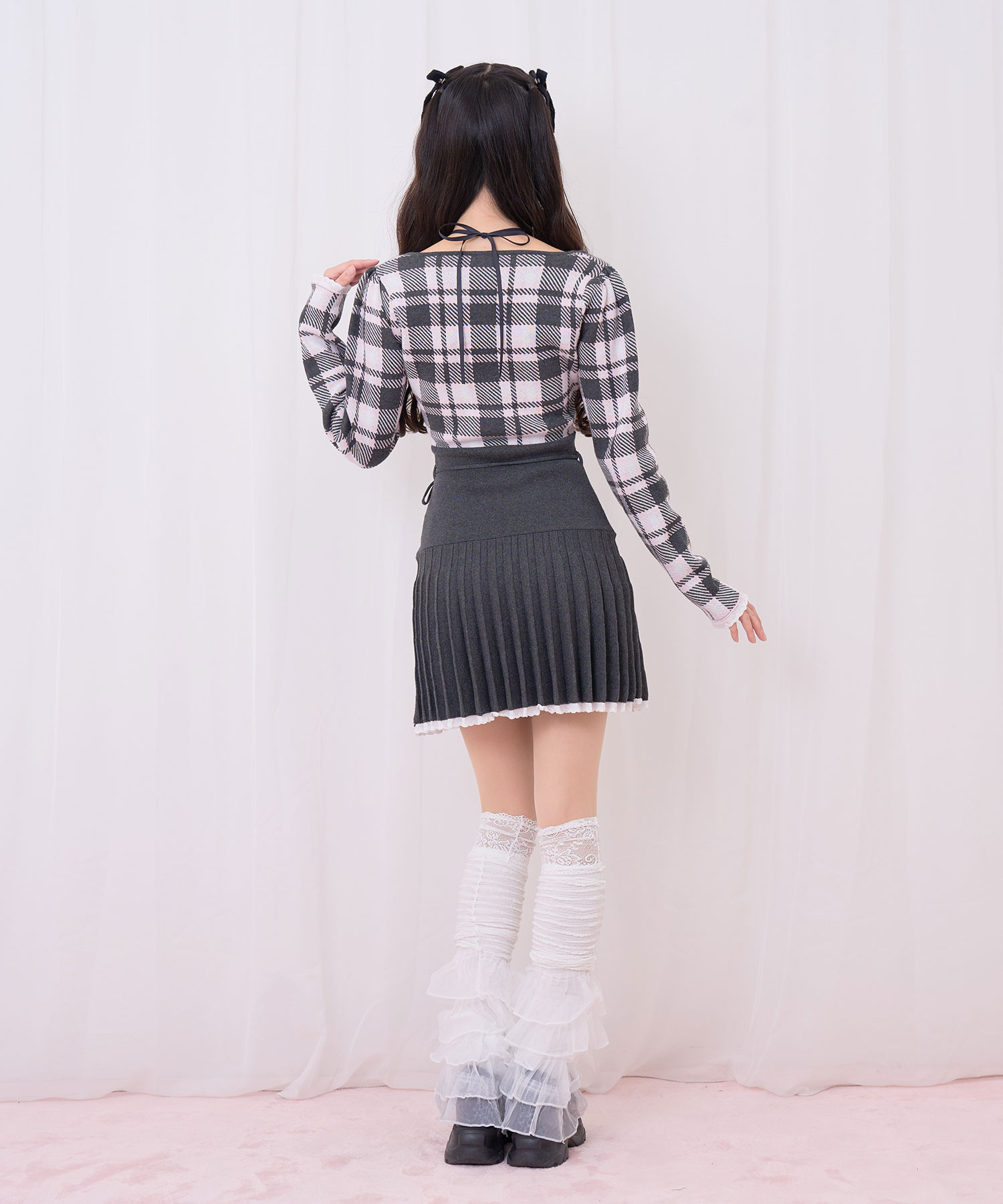 チェックジャガードプリーツニットワンピース