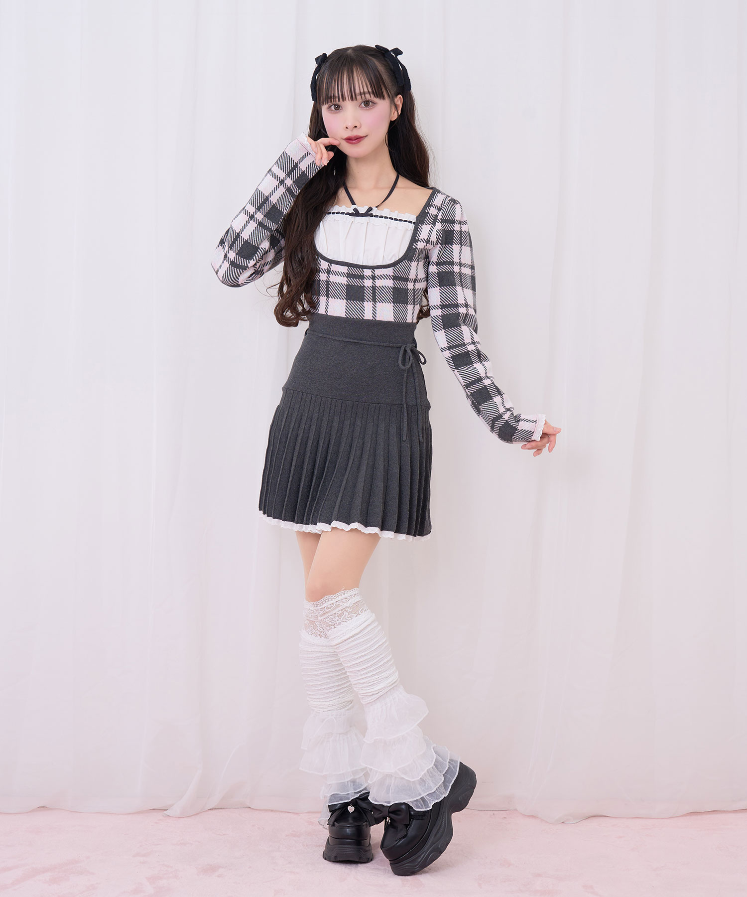 チェックジャガードプリーツニットワンピース