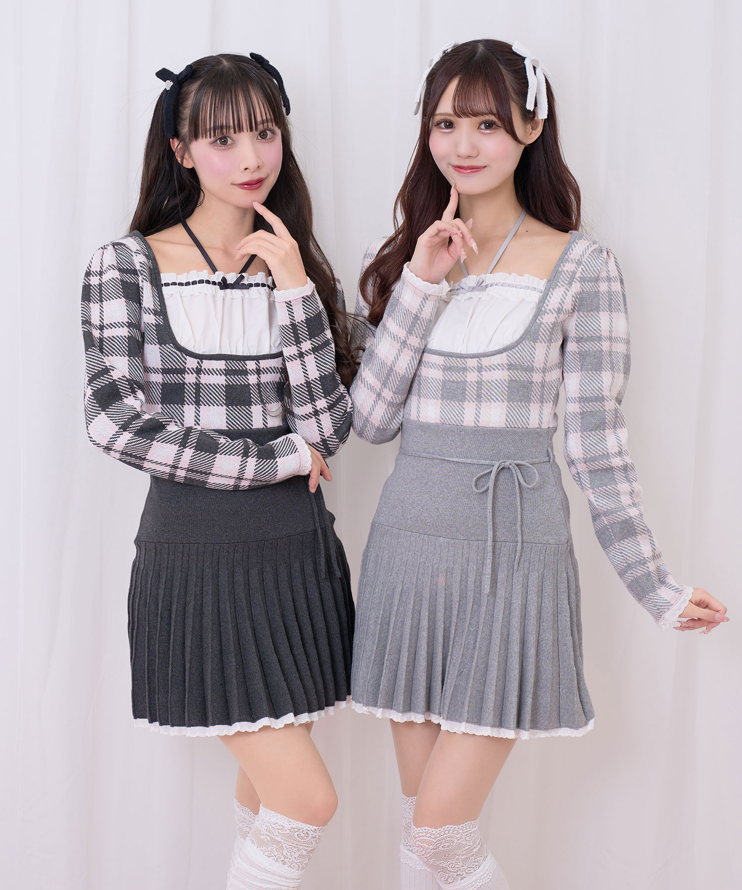 チェックジャガードプリーツニットワンピース