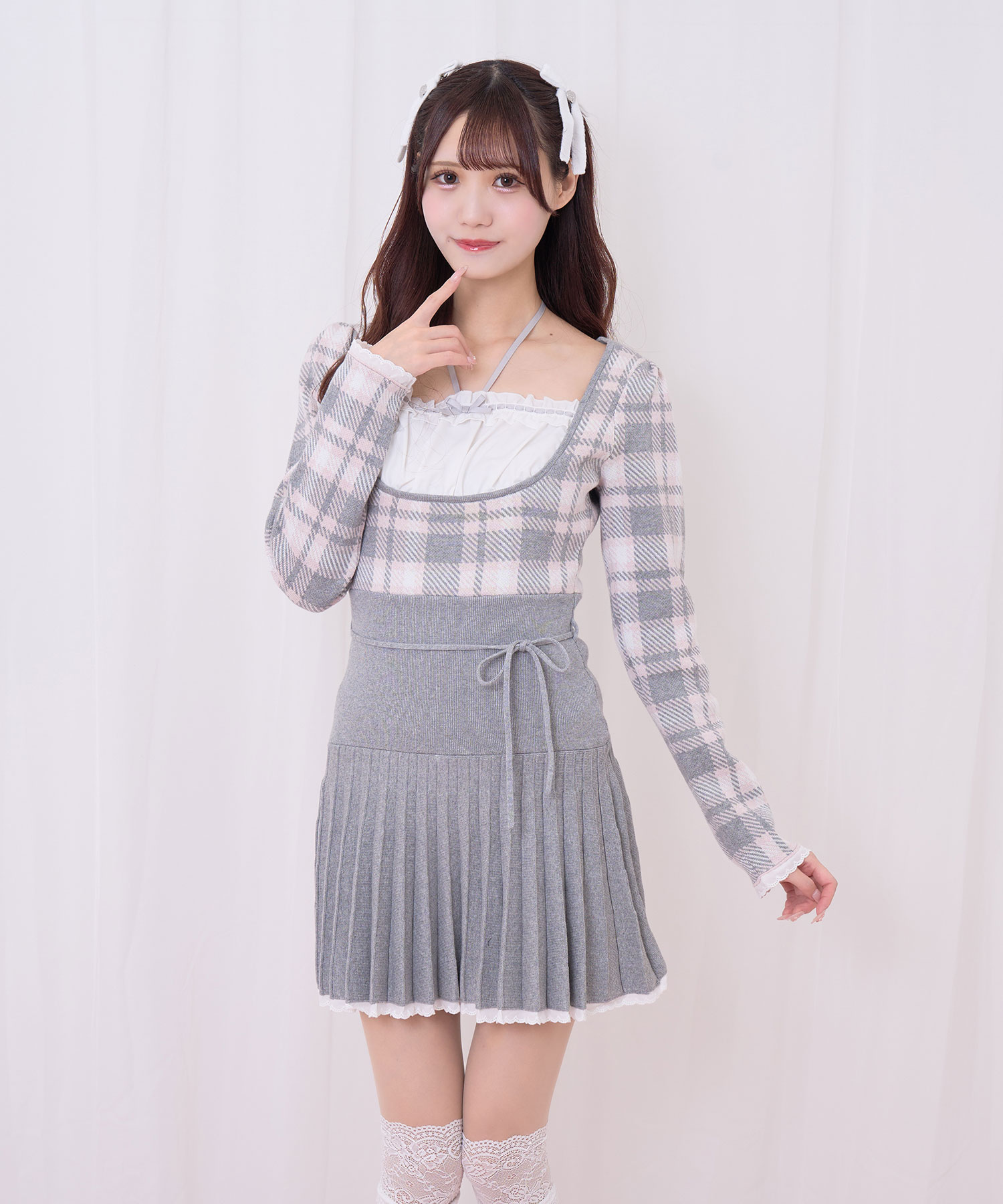 チェックジャガードプリーツニットワンピース