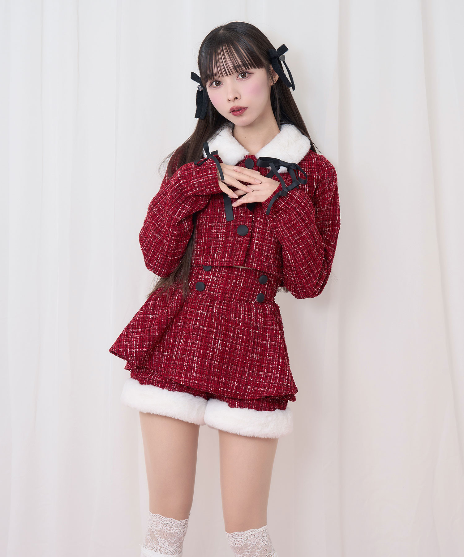 裾ファーツイードペプラムショートパンツ