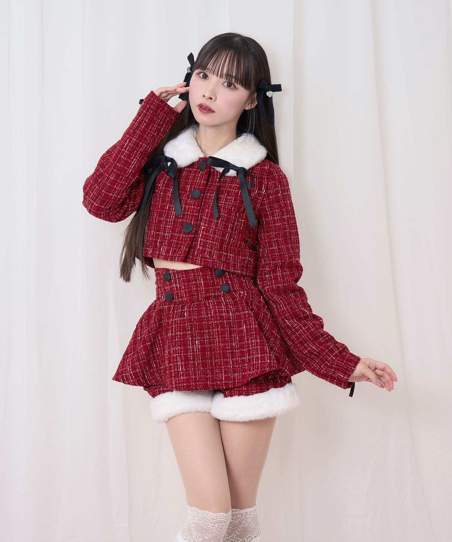 裾ファーツイードペプラムショートパンツ