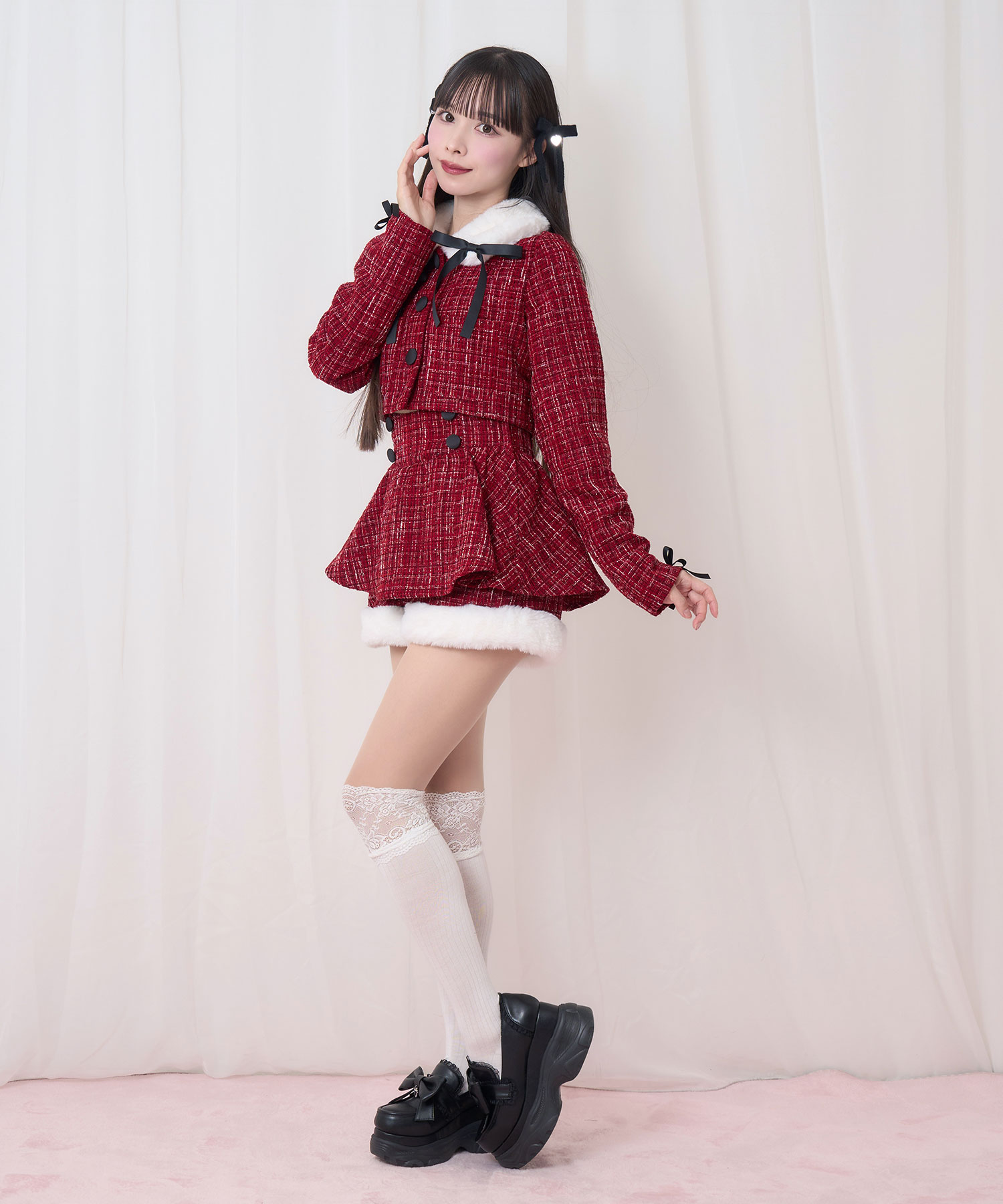 裾ファーツイードペプラムショートパンツ