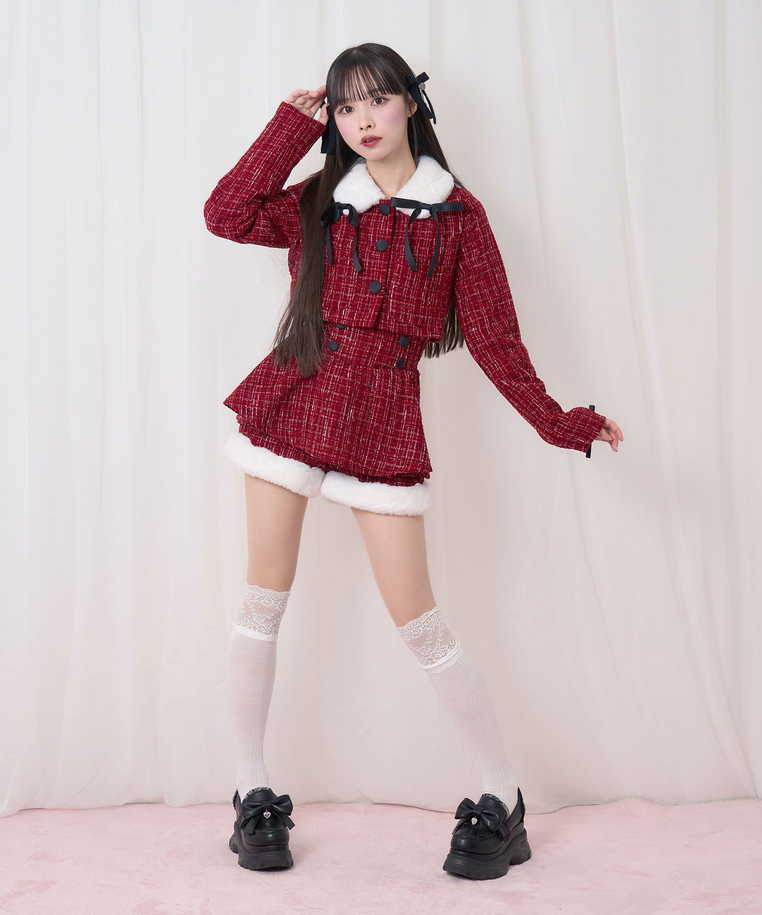 裾ファーツイードペプラムショートパンツ