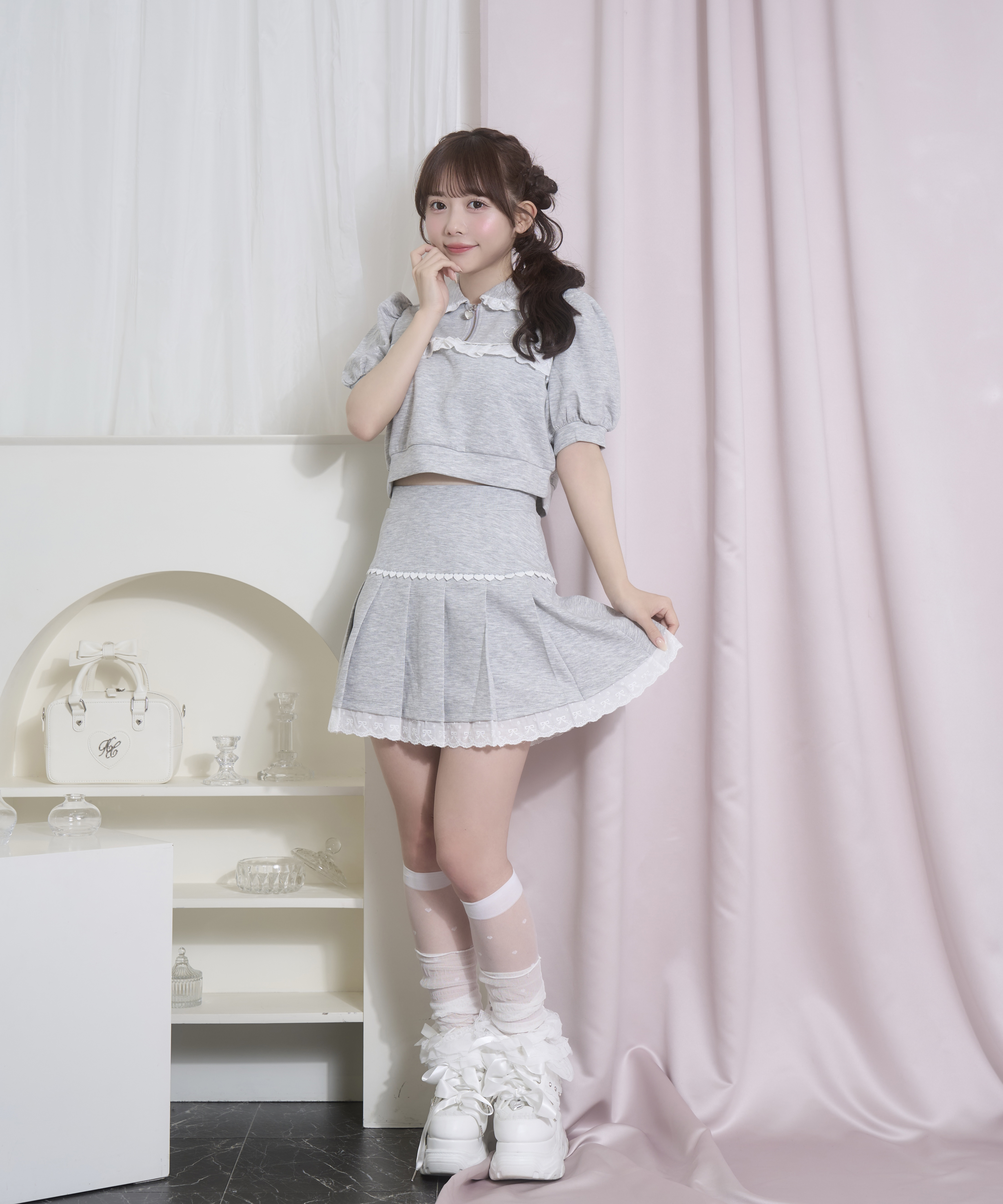 コットンレースハーフジップセット