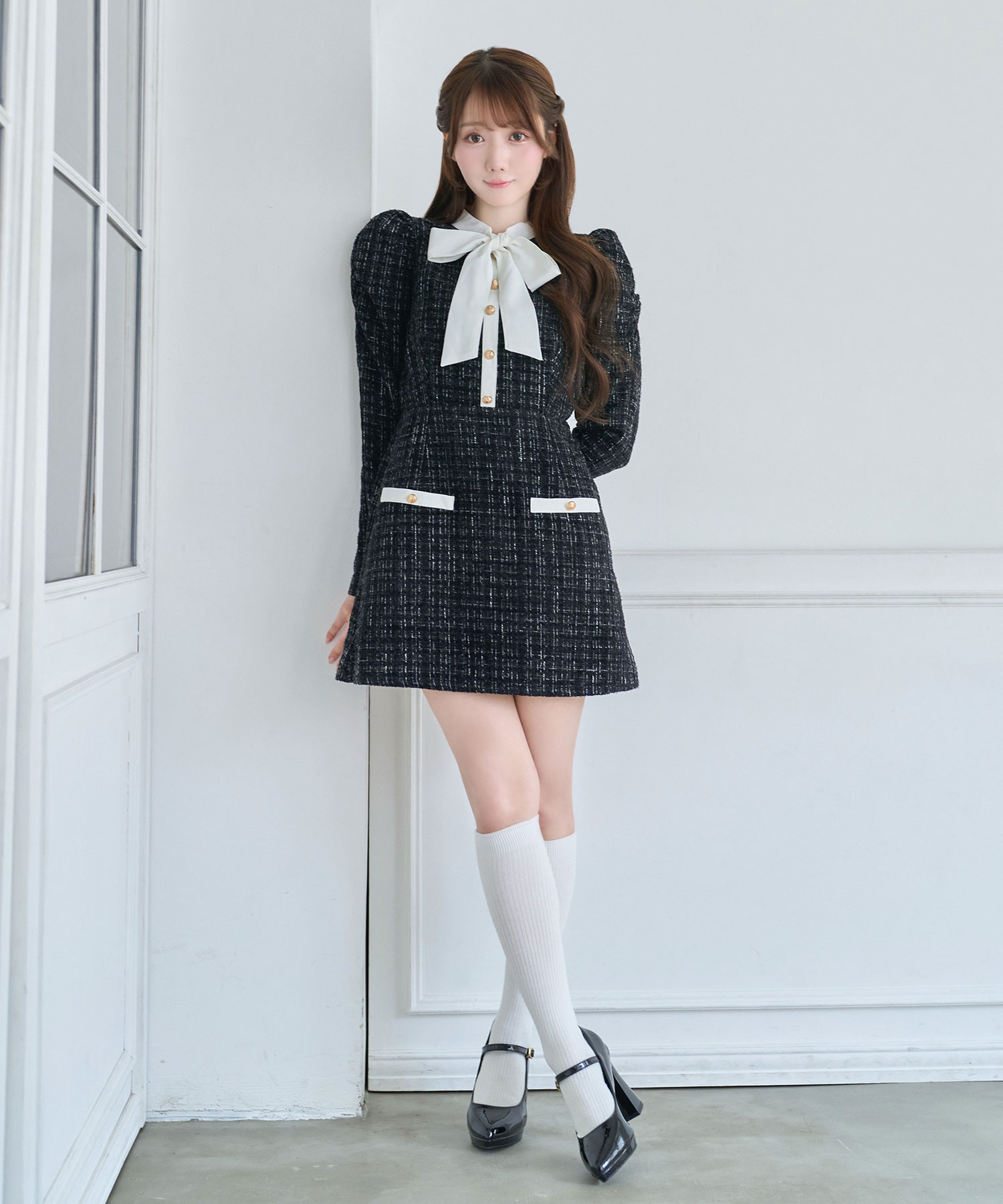 【Special Gift Fair】ribbon tie tweed mini onepiece