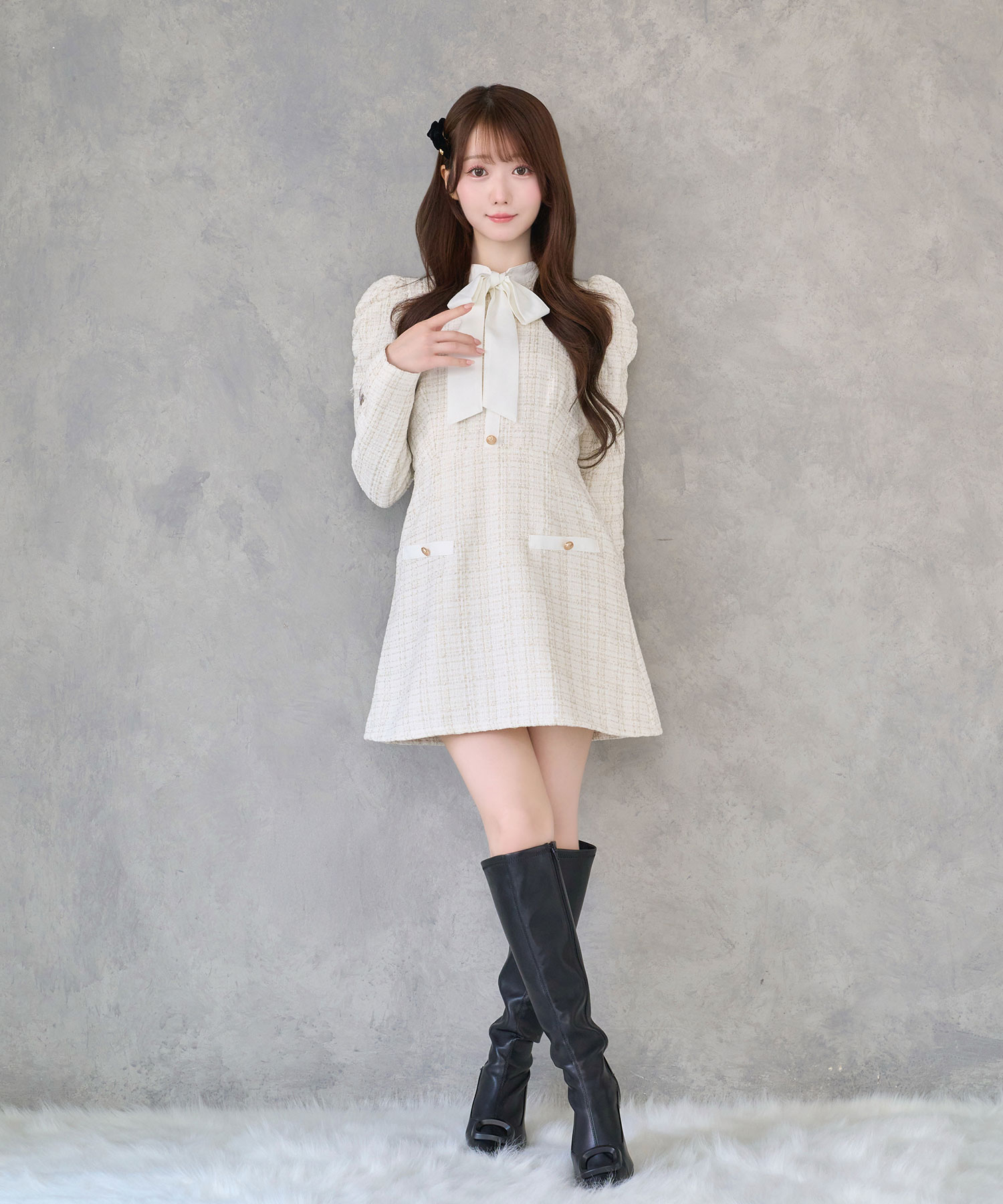 【Special Gift Fair】ribbon tie tweed mini onepiece
