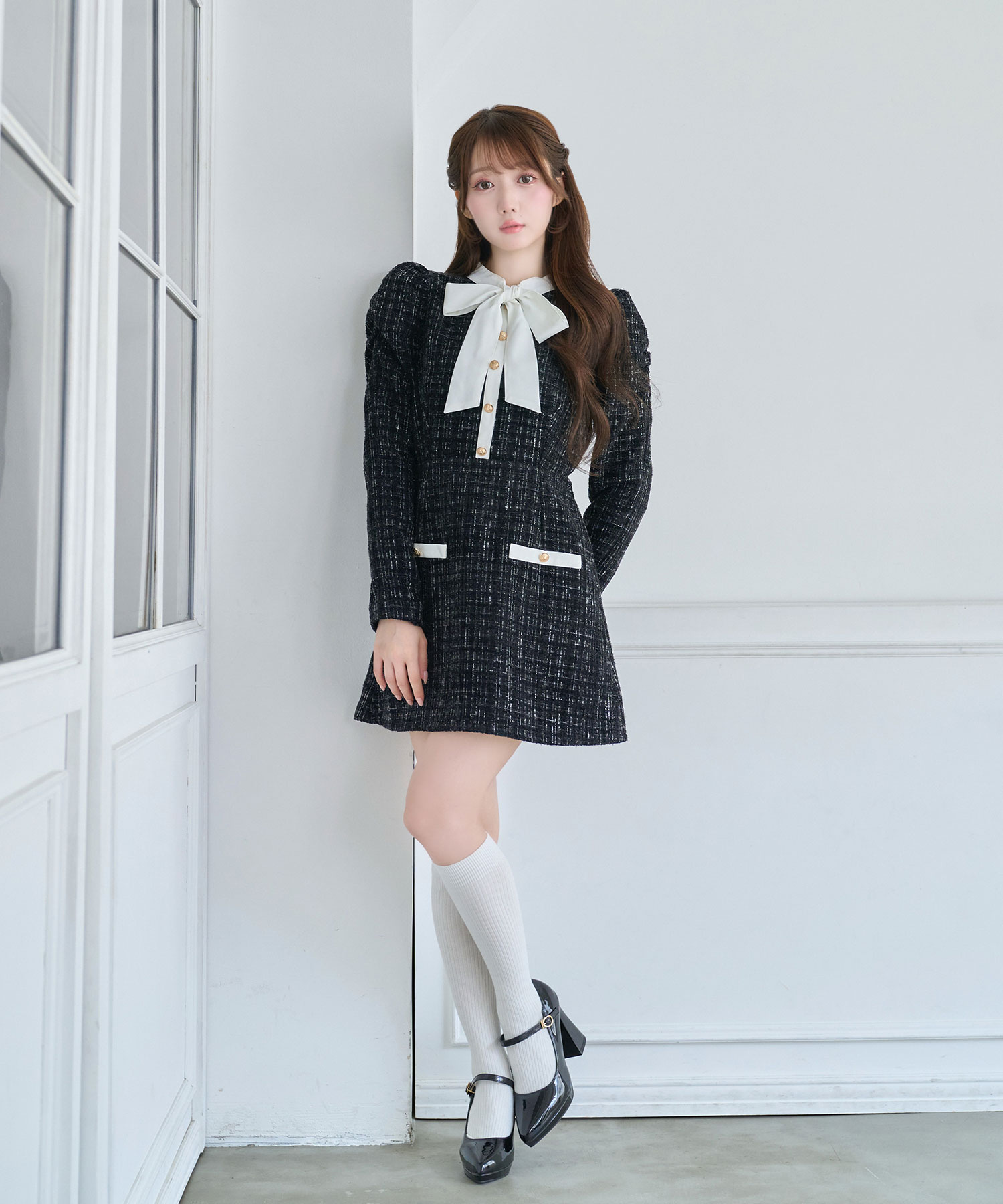【Special Gift Fair】ribbon tie tweed mini onepiece