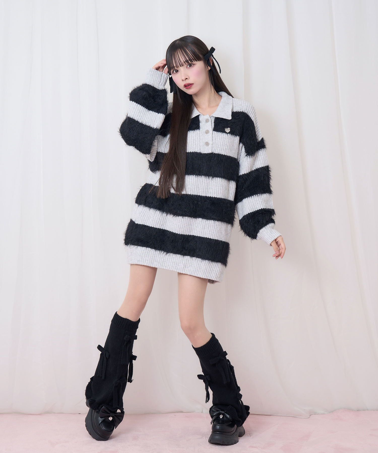 襟付きボーダーニットワンピ