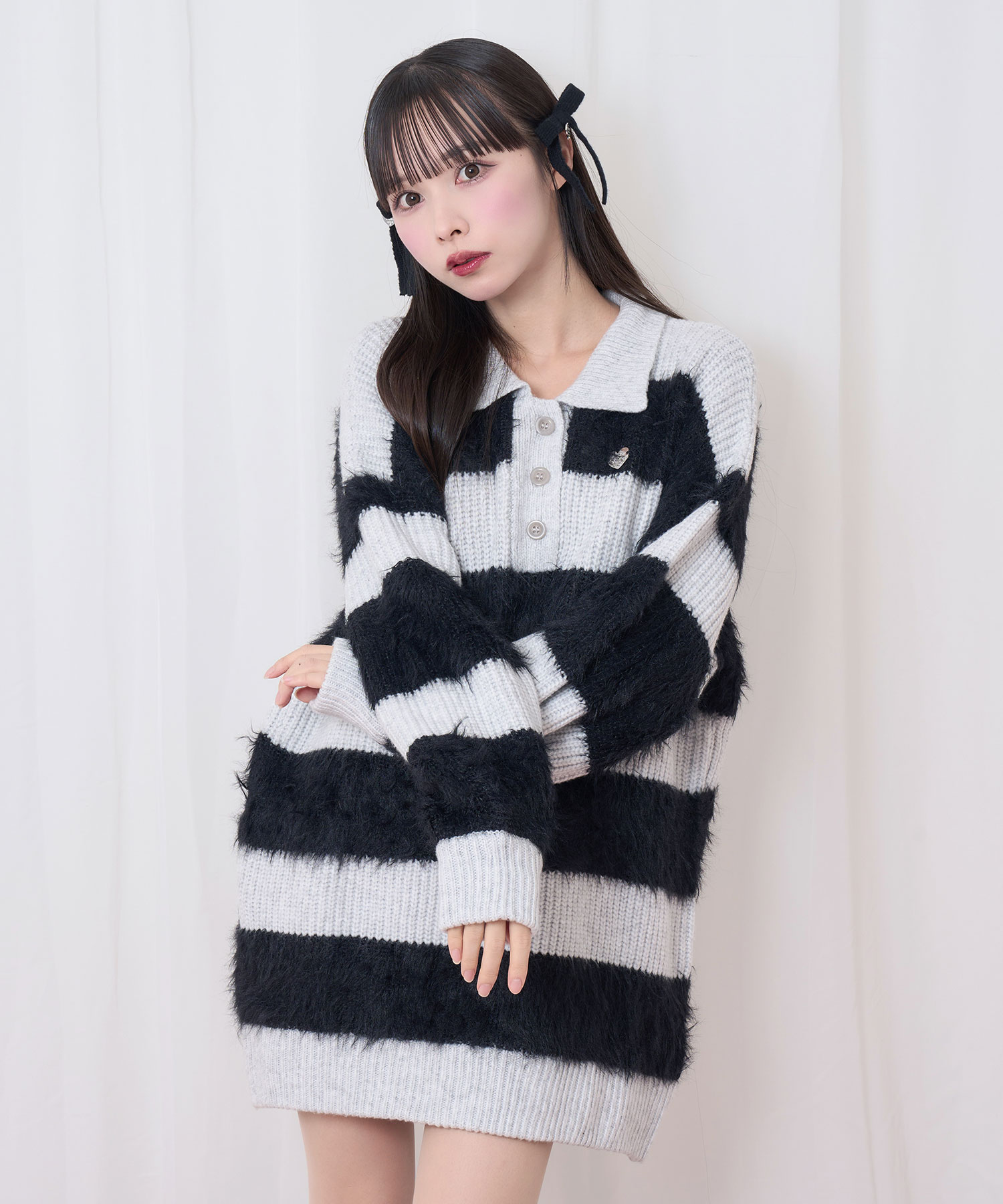 襟付きボーダーニットワンピ