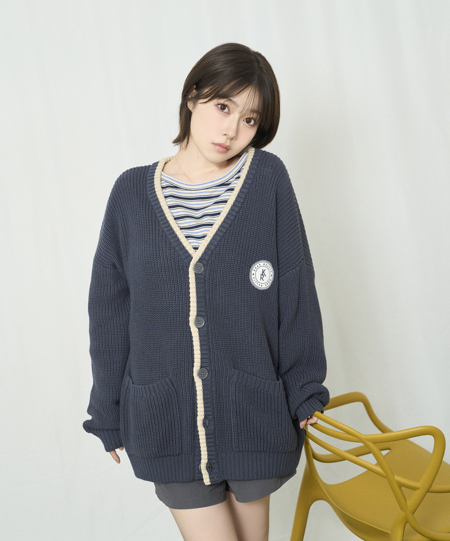 ラインニットカーディガン / ネイビー