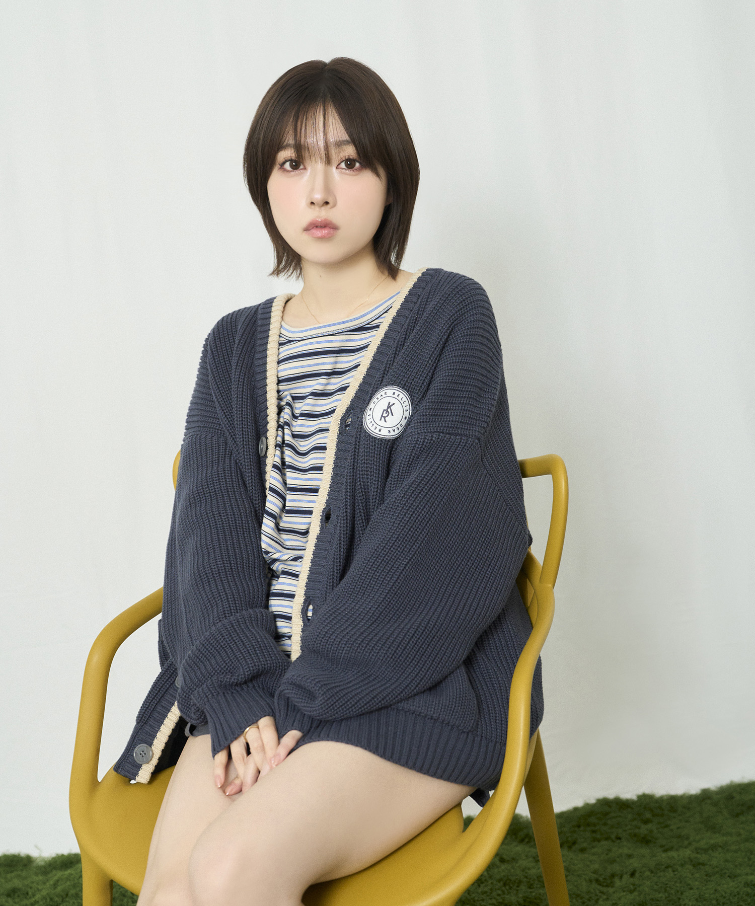 ラインニットカーディガン / ネイビー