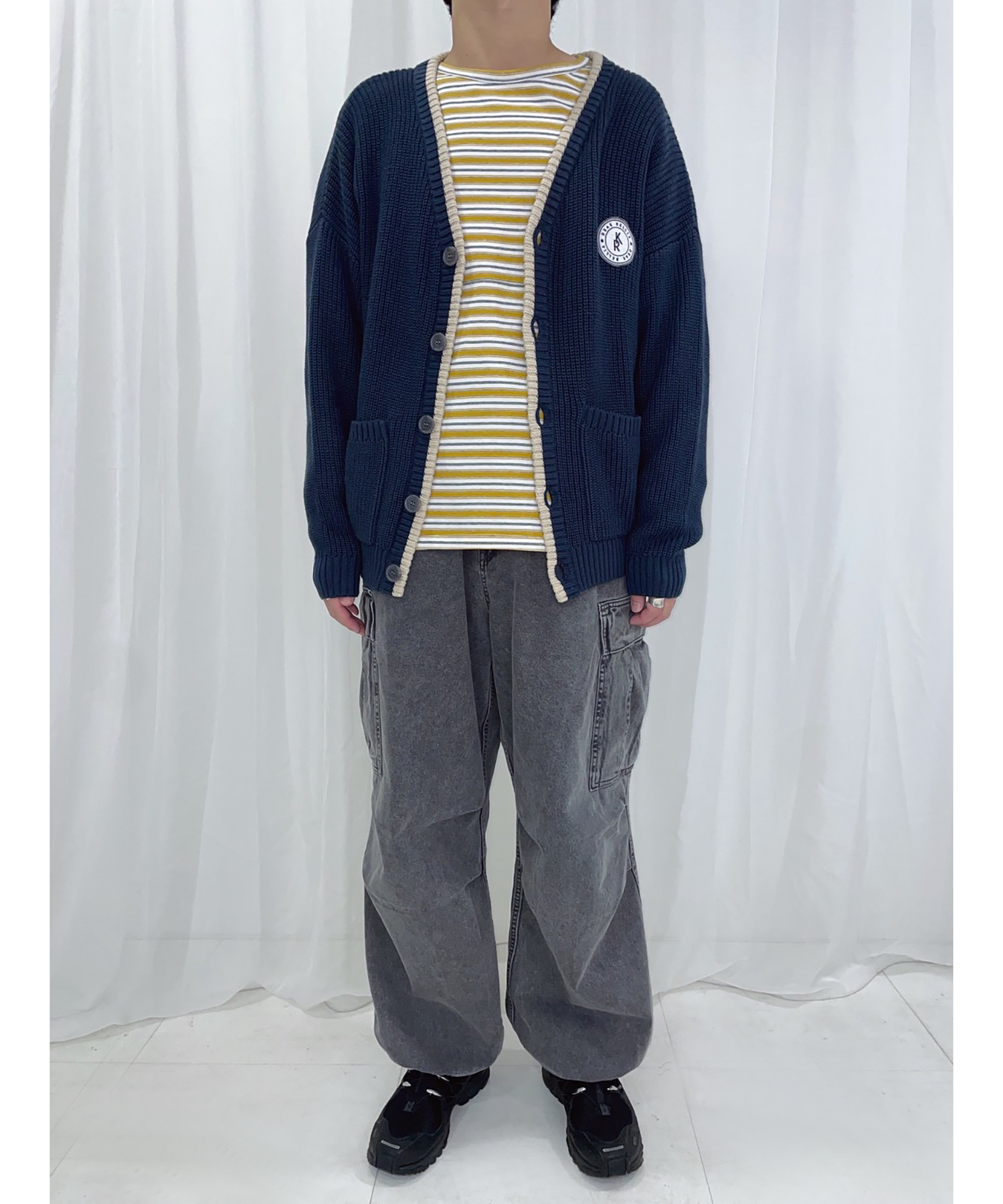 ラインニットカーディガン / ネイビー