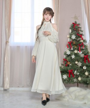 Open shoulder chiffon dress