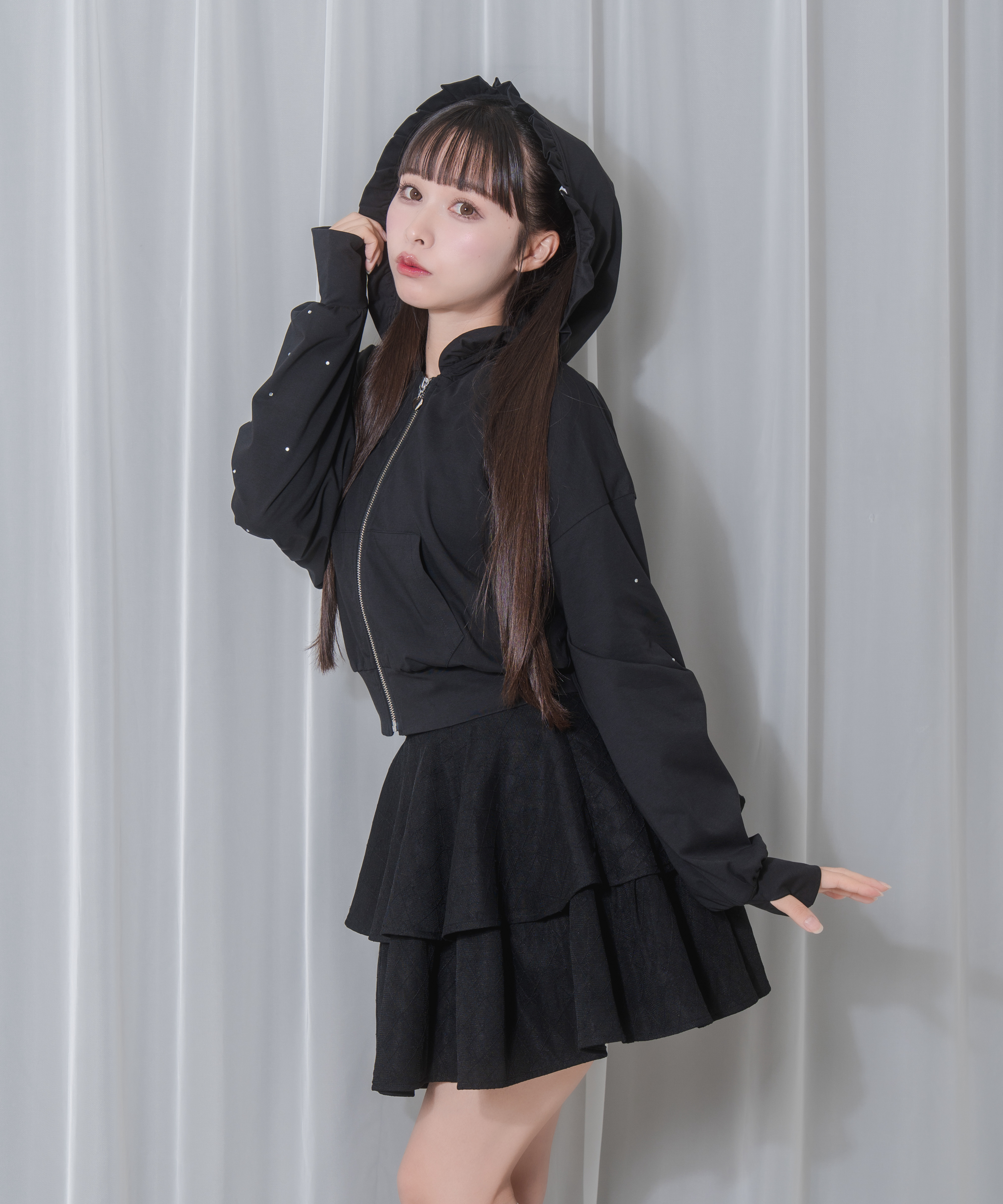 アウター＆カーデ【pium♡エブリン♡アンクルージュ♡ハニーシナモン♡リズリサ】 EMBロゴフリルタートル×レースアップベロアジャンスカSET – BUNNY