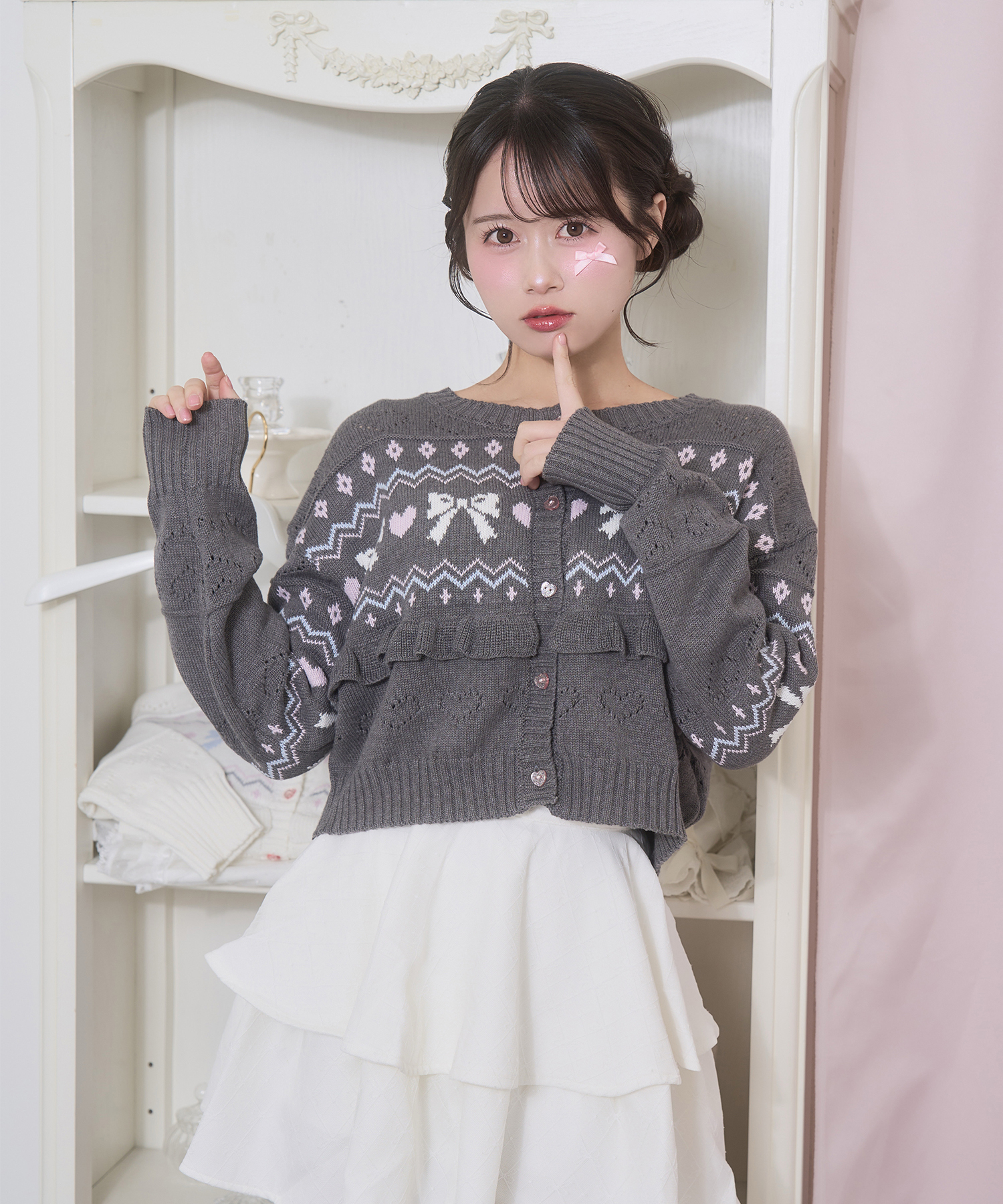 リボンハート透かしカーデ