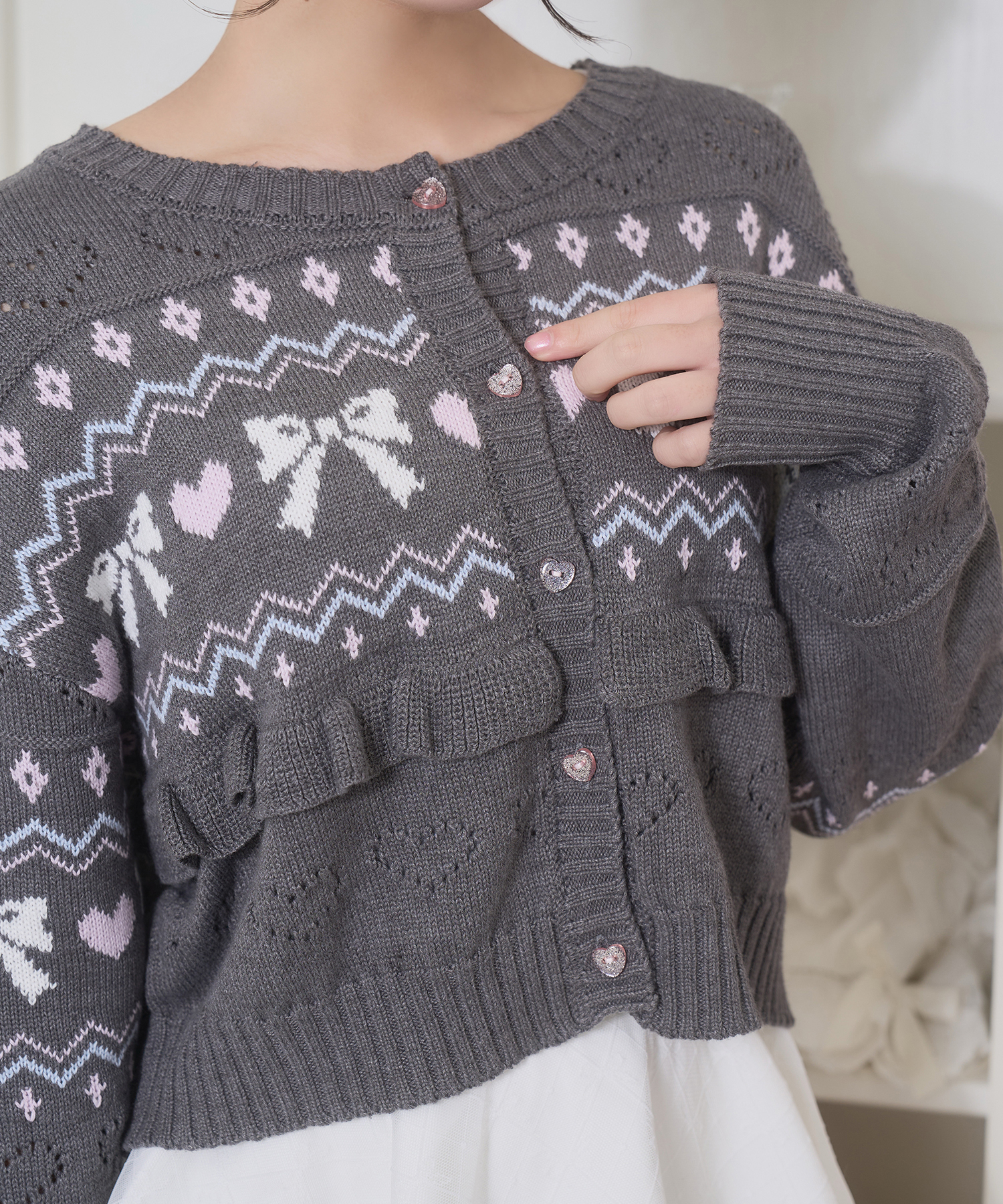 リボンハート透かしカーデ