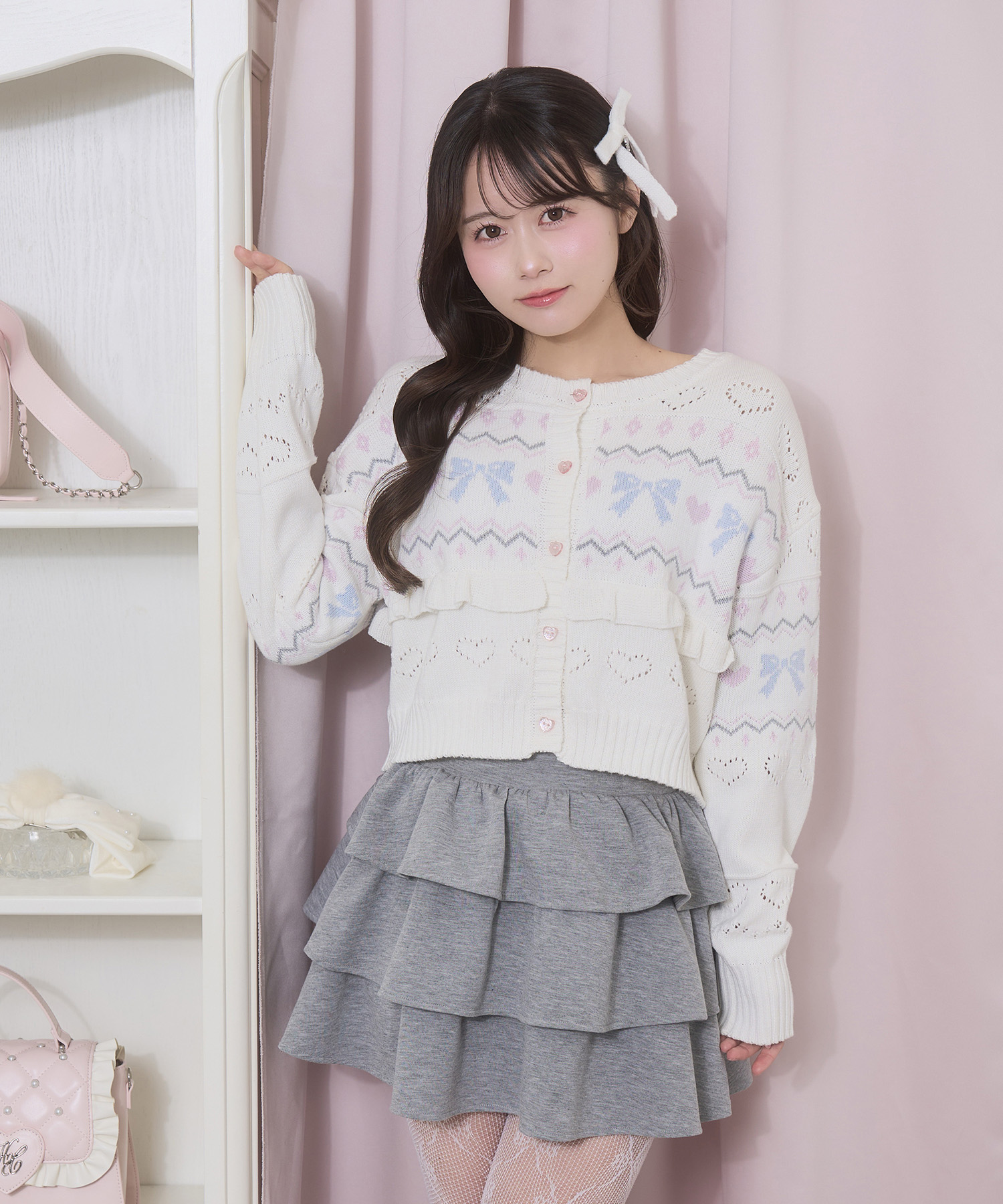 リボンハート透かしカーデ