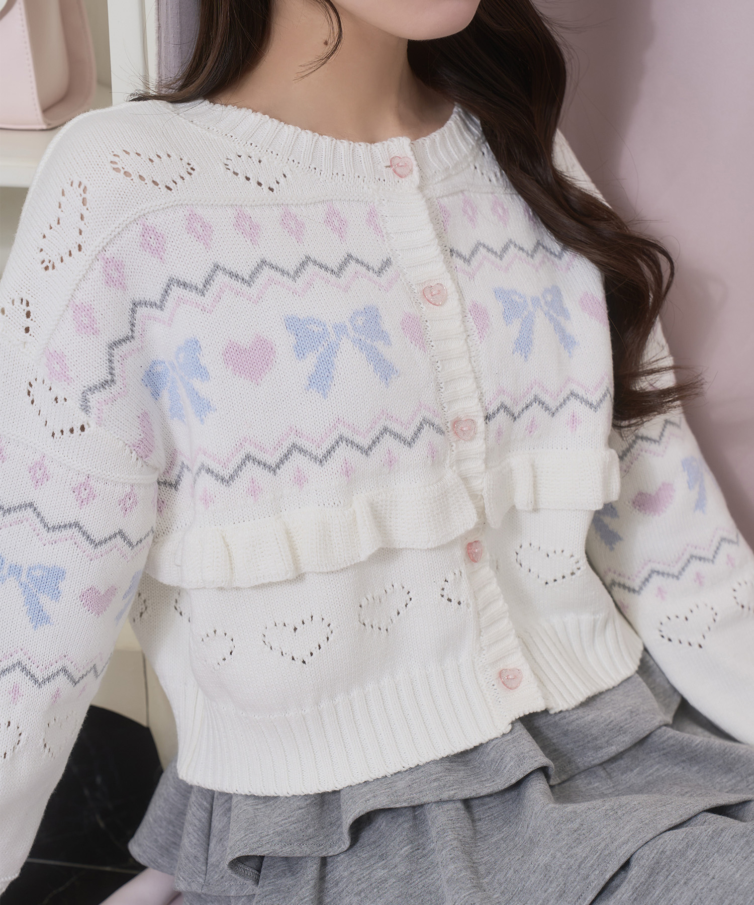 リボンハート透かしカーデ