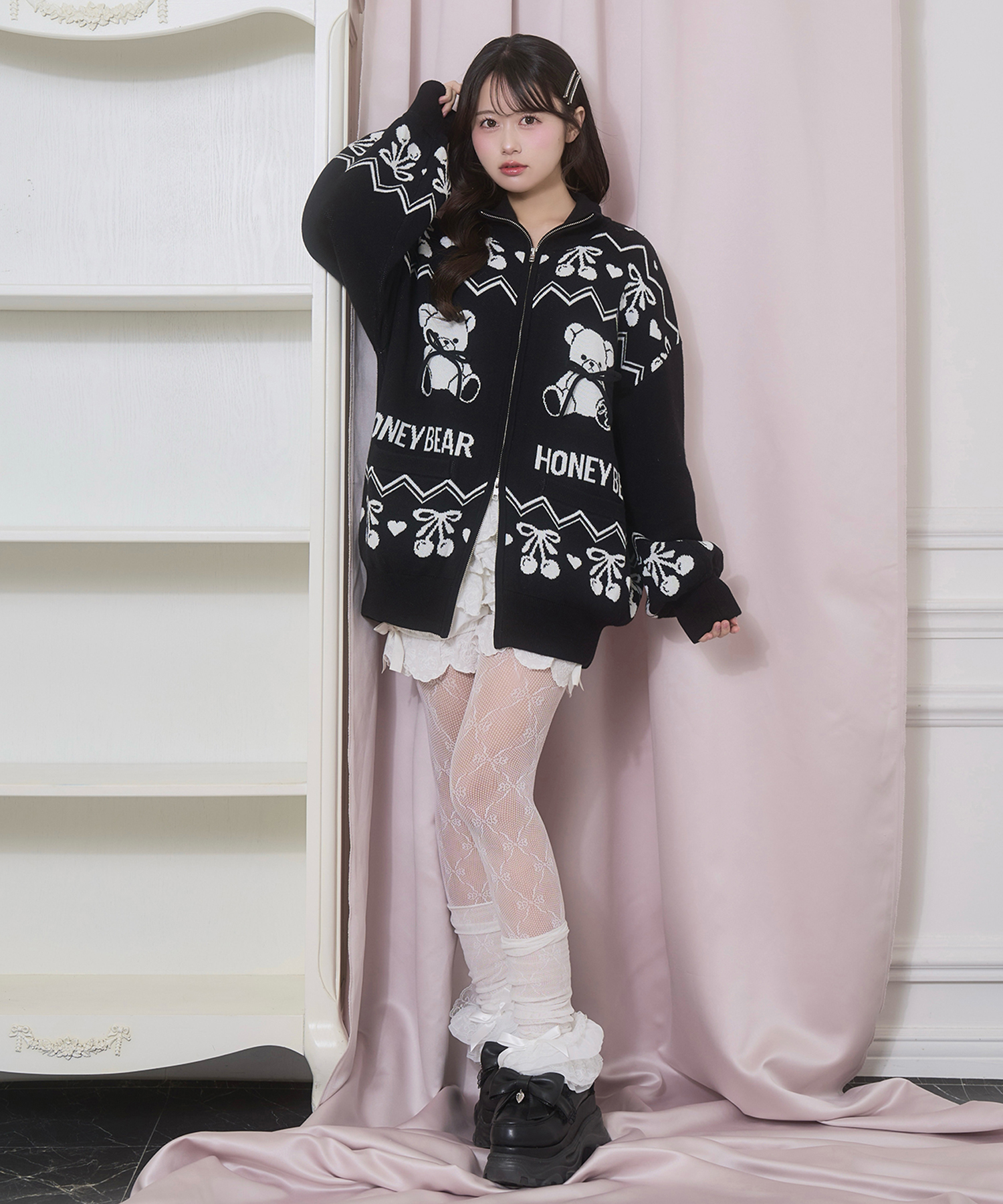 くまチェリージャガードジップブルゾン