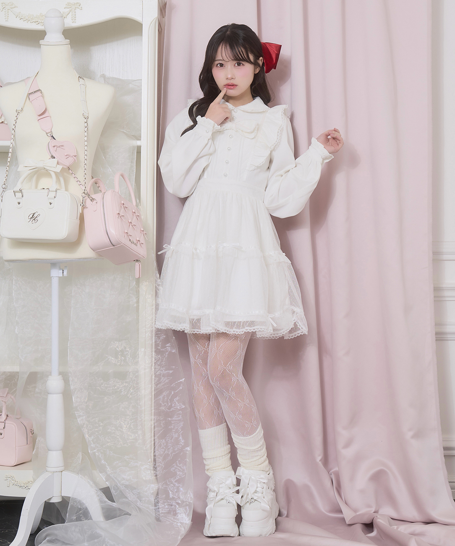 フロントリボンドットチュールワンピース