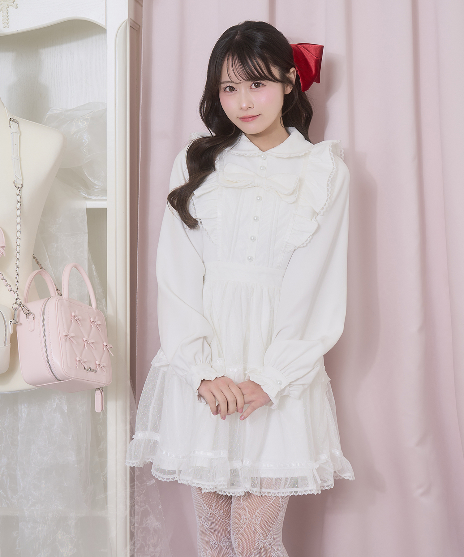 フロントリボンドットチュールワンピース