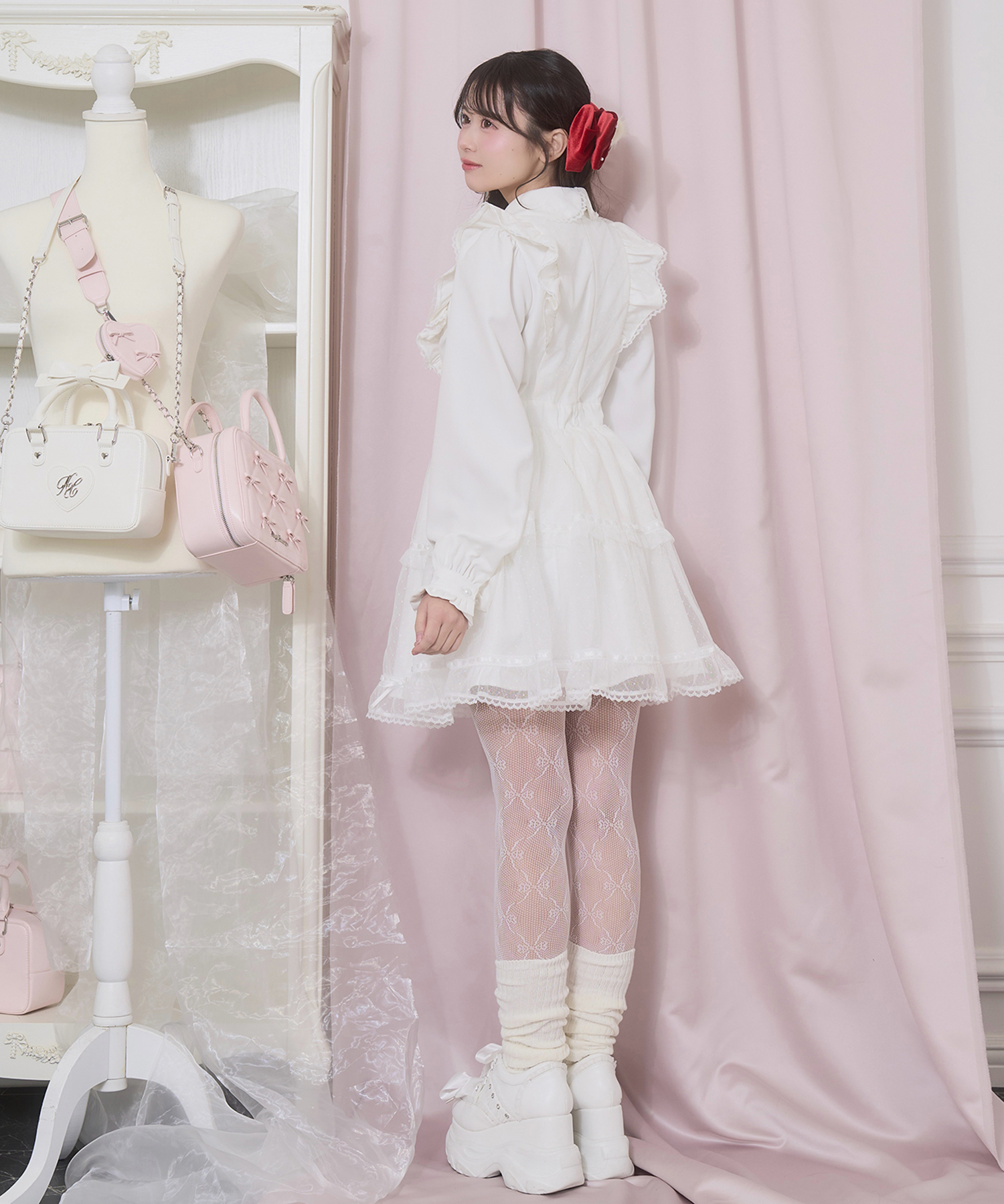 フロントリボンドットチュールワンピース