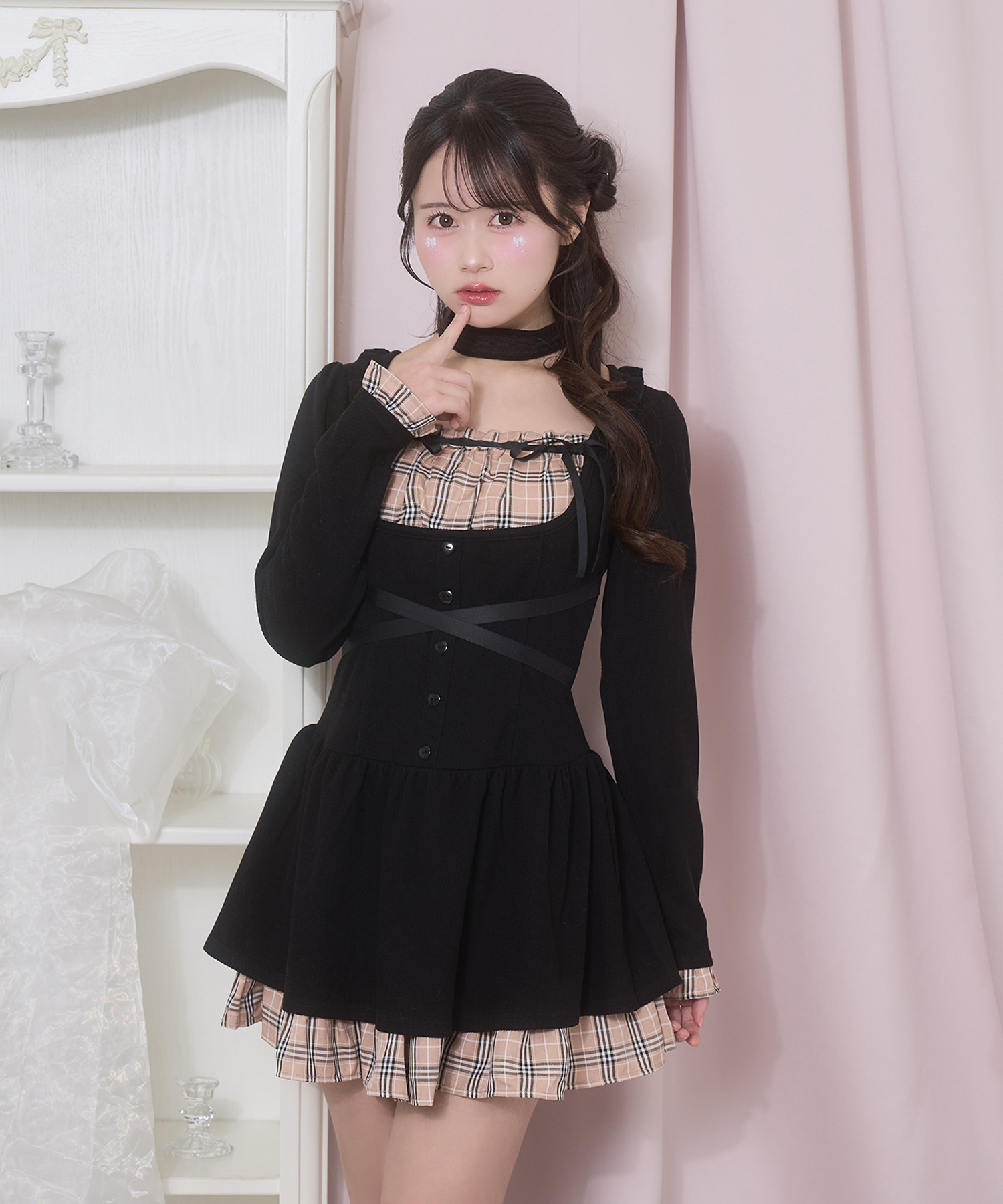 クロスリボンポイントチェックワンピース