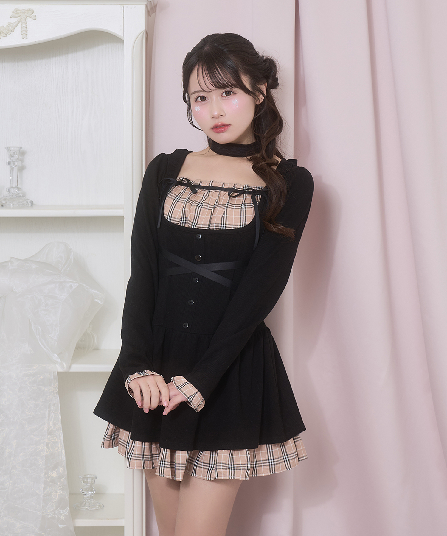 クロスリボンポイントチェックワンピース