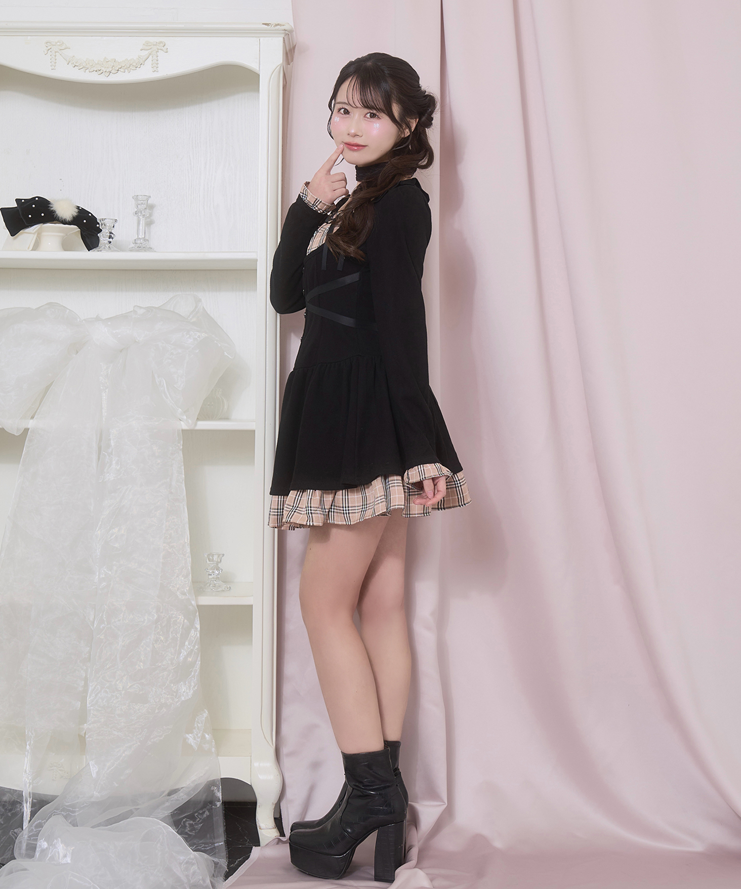 クロスリボンポイントチェックワンピース