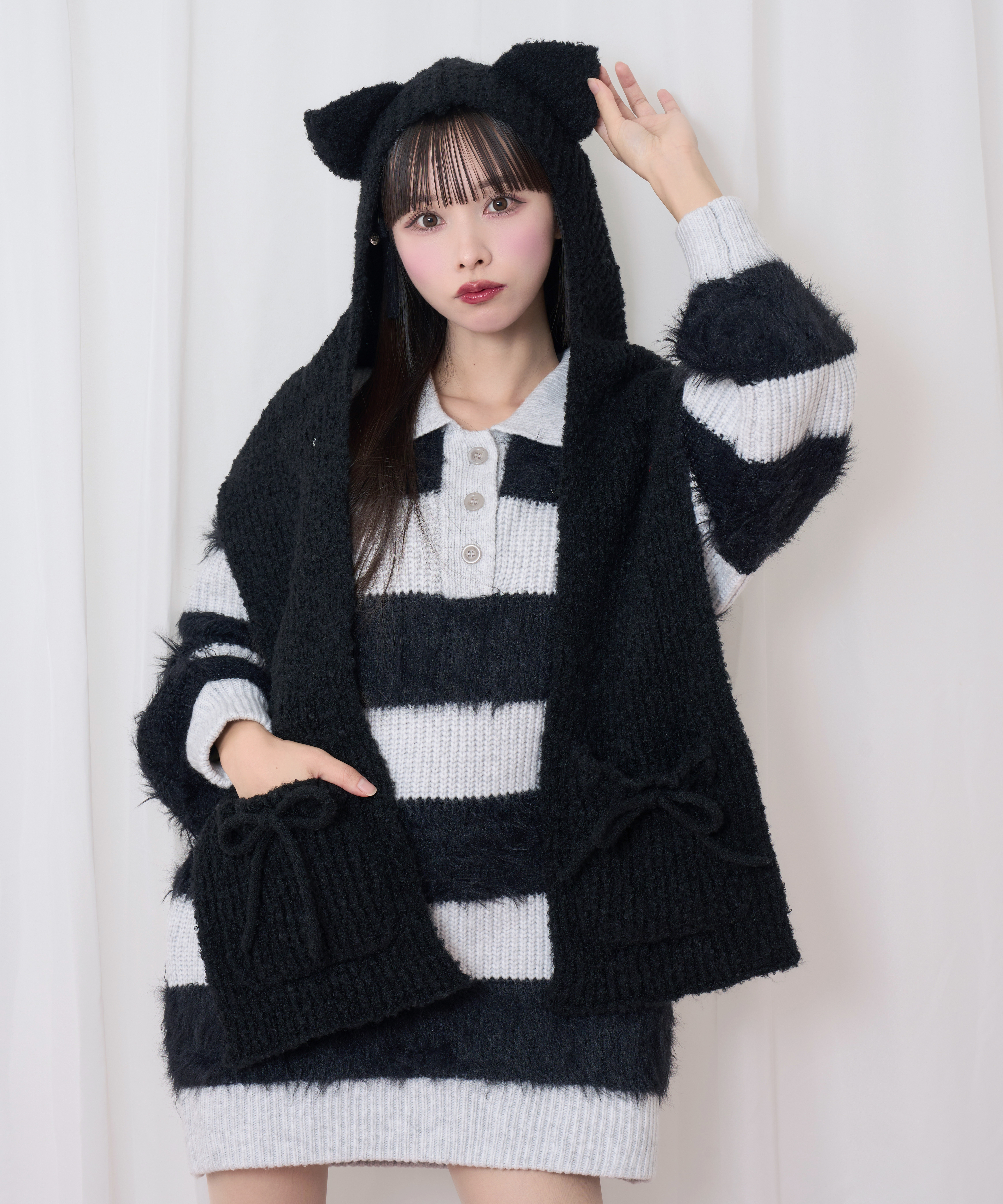 襟付きボーダーニットワンピ ねこみみ付きマフラーSET