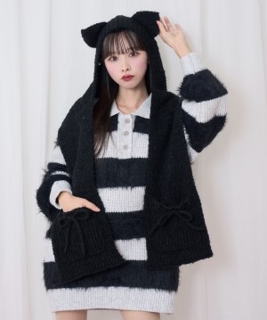 襟付きボーダーニットワンピ ねこみみ付きマフラーSET