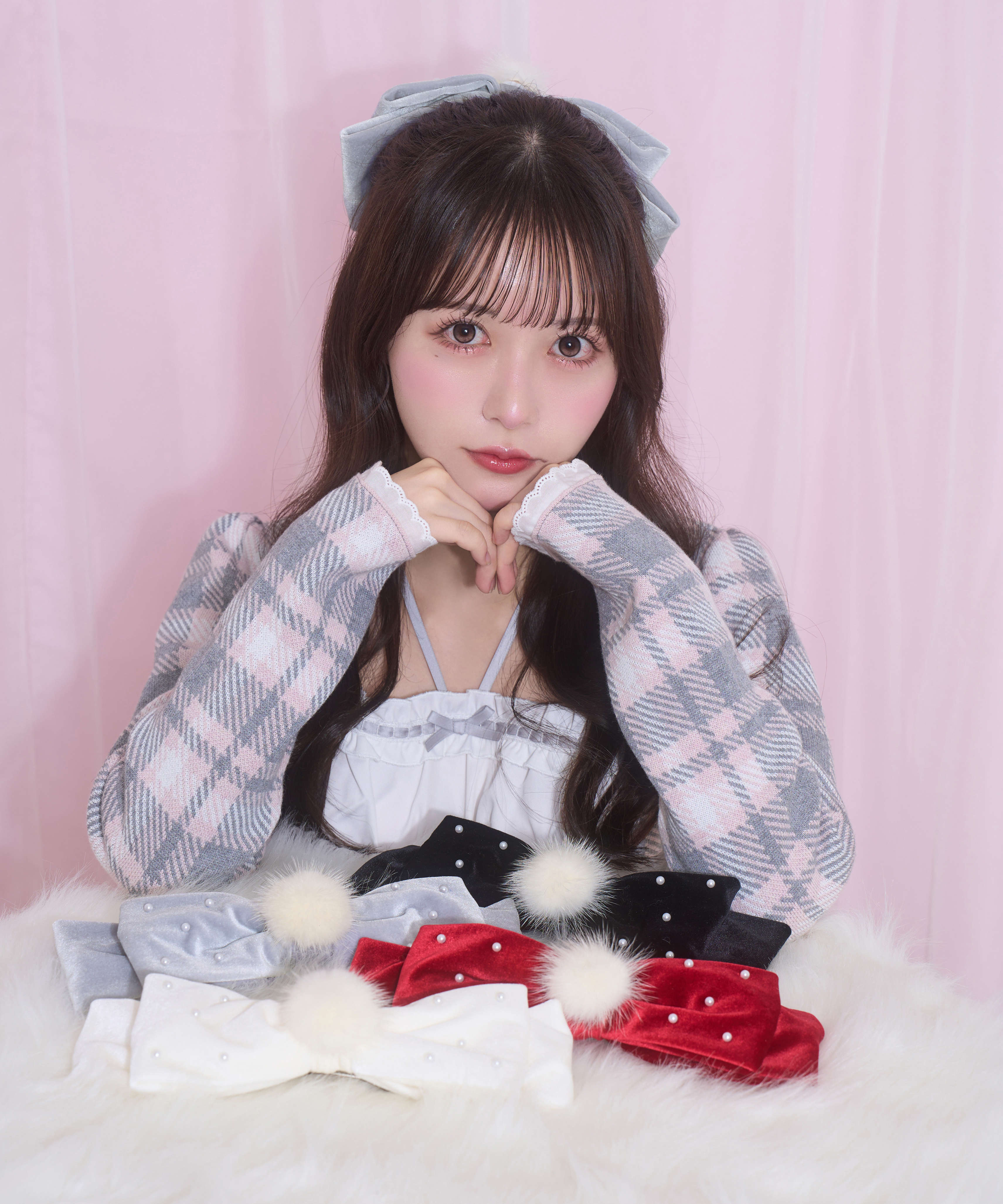 チェックジャガードプリーツニットワンピース winter likeリボンバレッタSET