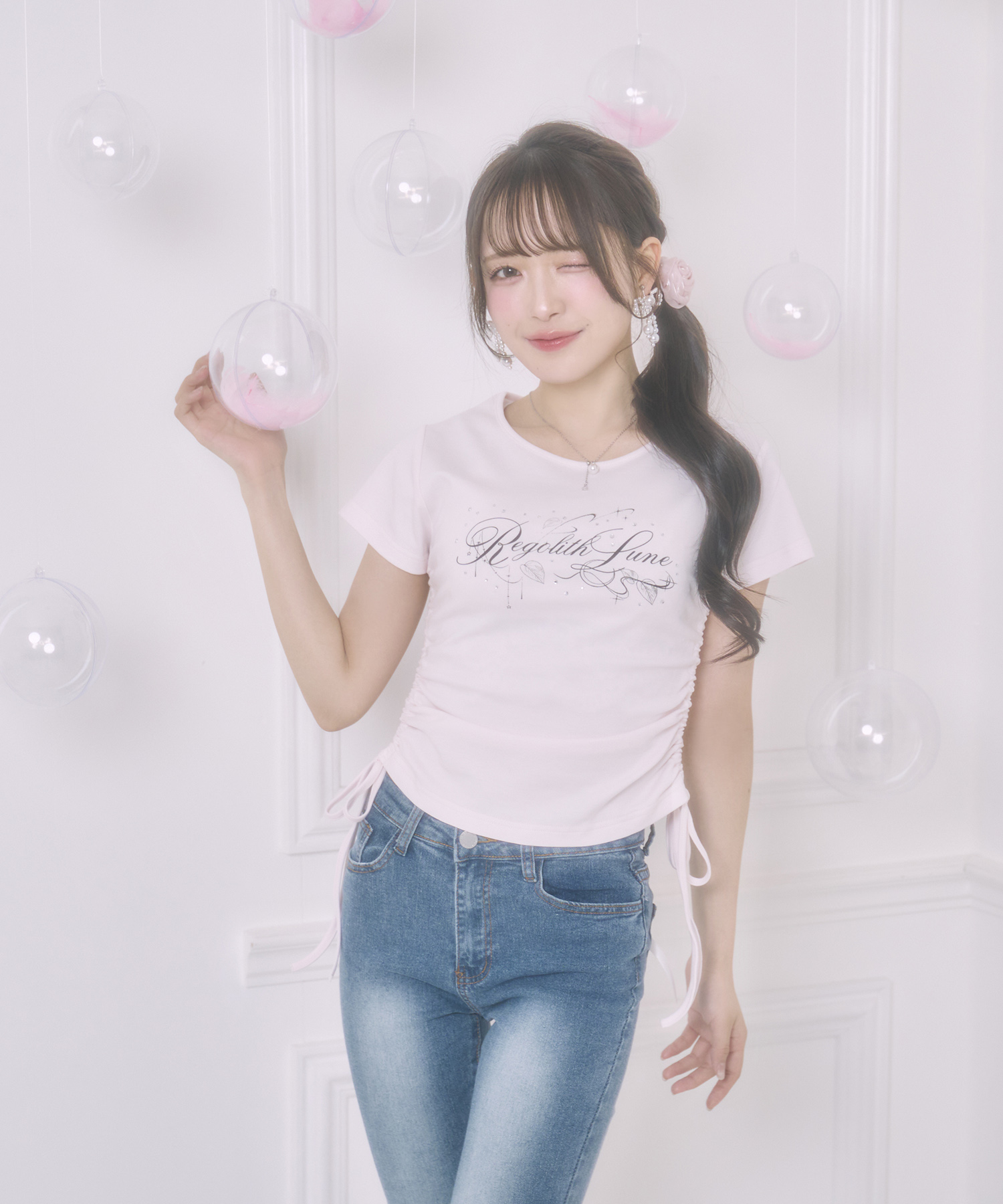 サイドリボンRegolith Lune Tシャツ / ピンク