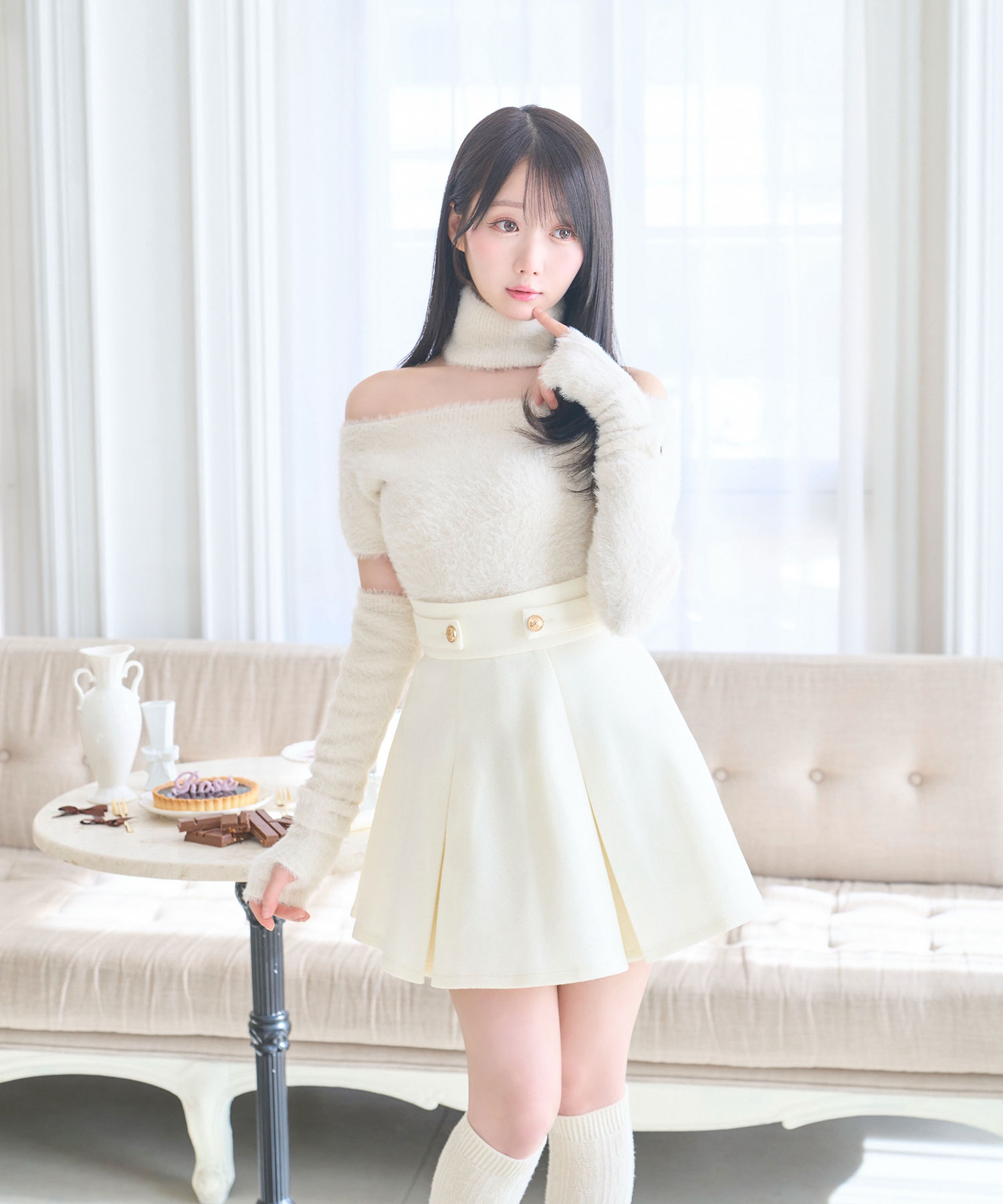 Off shoulder shaggy knit