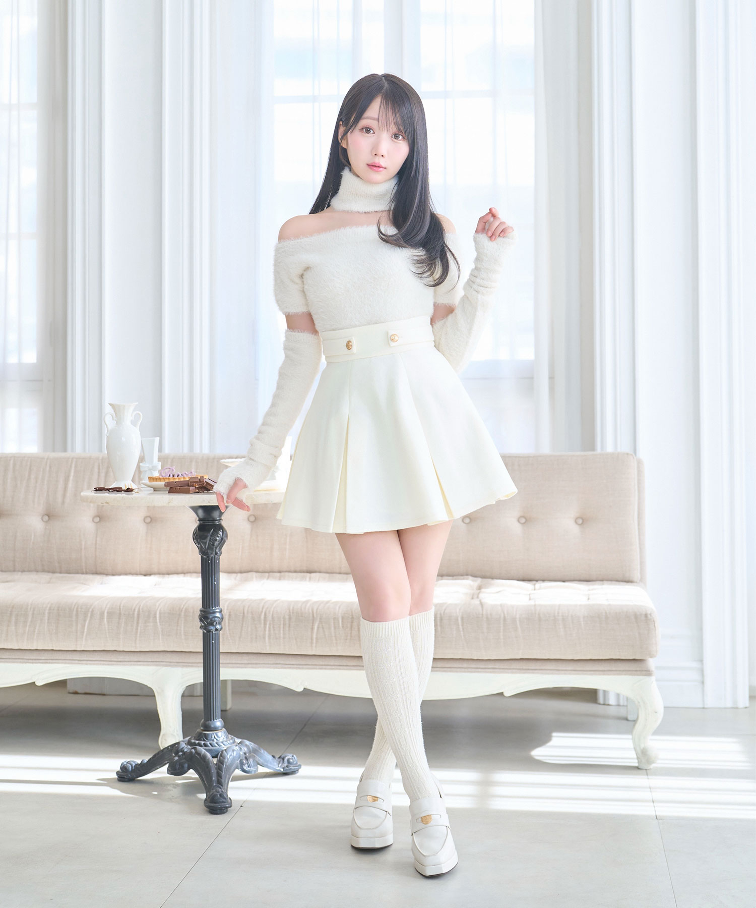 Off shoulder shaggy knit