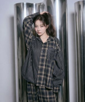 ドッキングチェックフーディシャツ