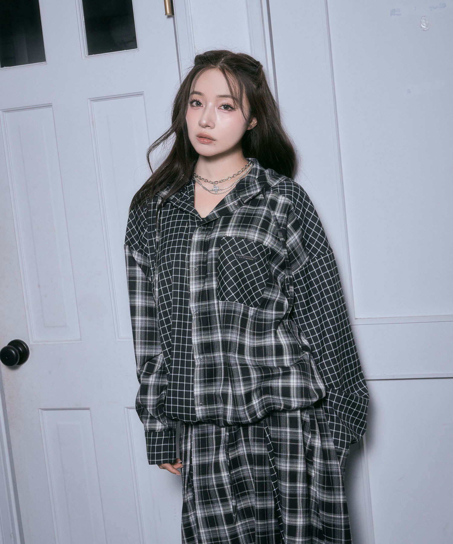 ドッキングチェックフーディシャツ