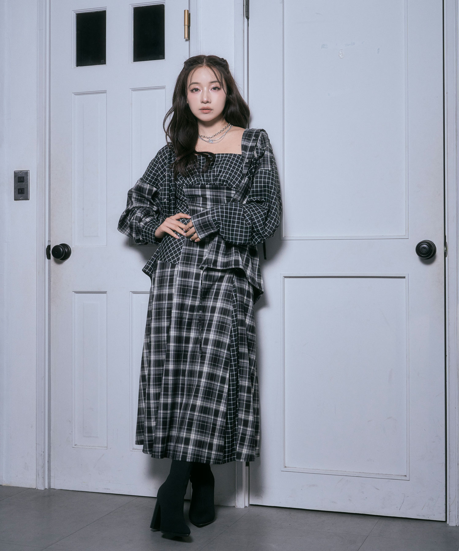 ドッキングチェックフーディシャツ